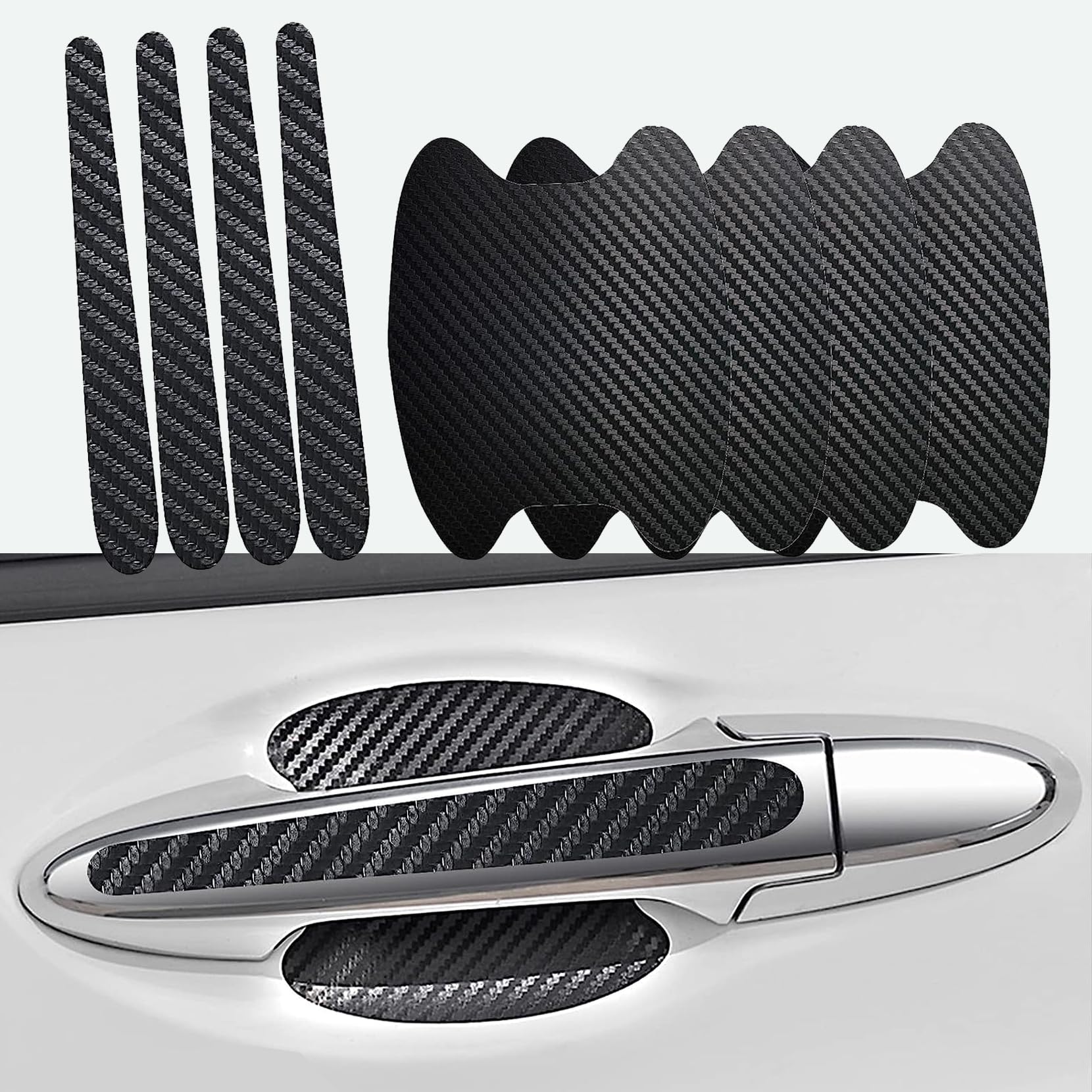 8 PCS Car Door Handle Sticker, 3.3" x 3.4" Carbon Fiber Textured Anti-Scratch Waterproof Traceless Decoration, Door Side Flexible Protector, Universal Protection Accessory for Most Cars (Black)