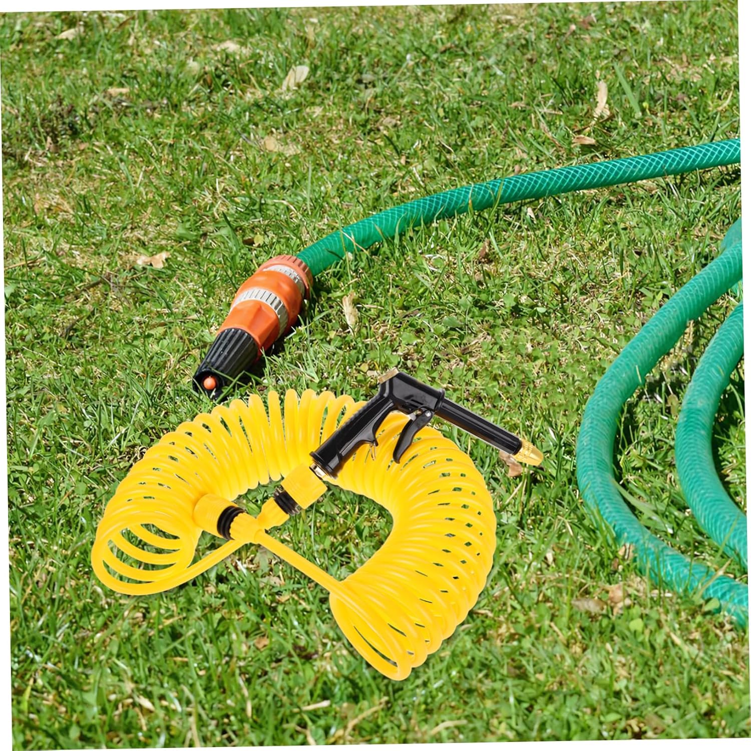 Cabilock Flexible Coiled Water Hose with Multifunctional Nozzle Retractable Garden Hose for Washing Lawn Watering and Patio Cleaning Durable Spring Stretch Design