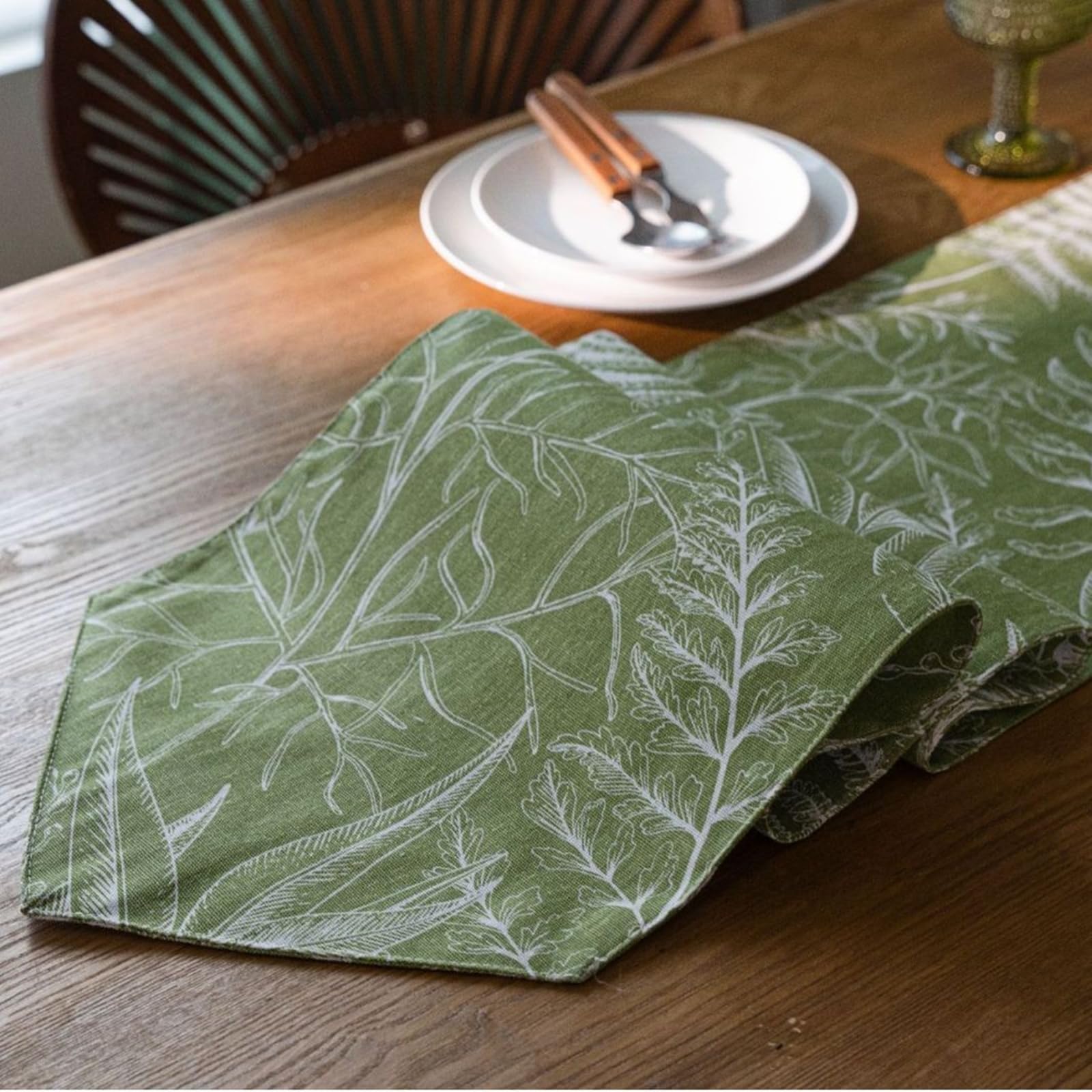 Grün Tischläufer Baumwolle Leinen, Deko Tischläufer Abwaschbar Tischband Ahornblätter Muster Tischdecke für Esszimmer Hochzeit Party Weihnachten Dekoration, 30x220 cm, Grün