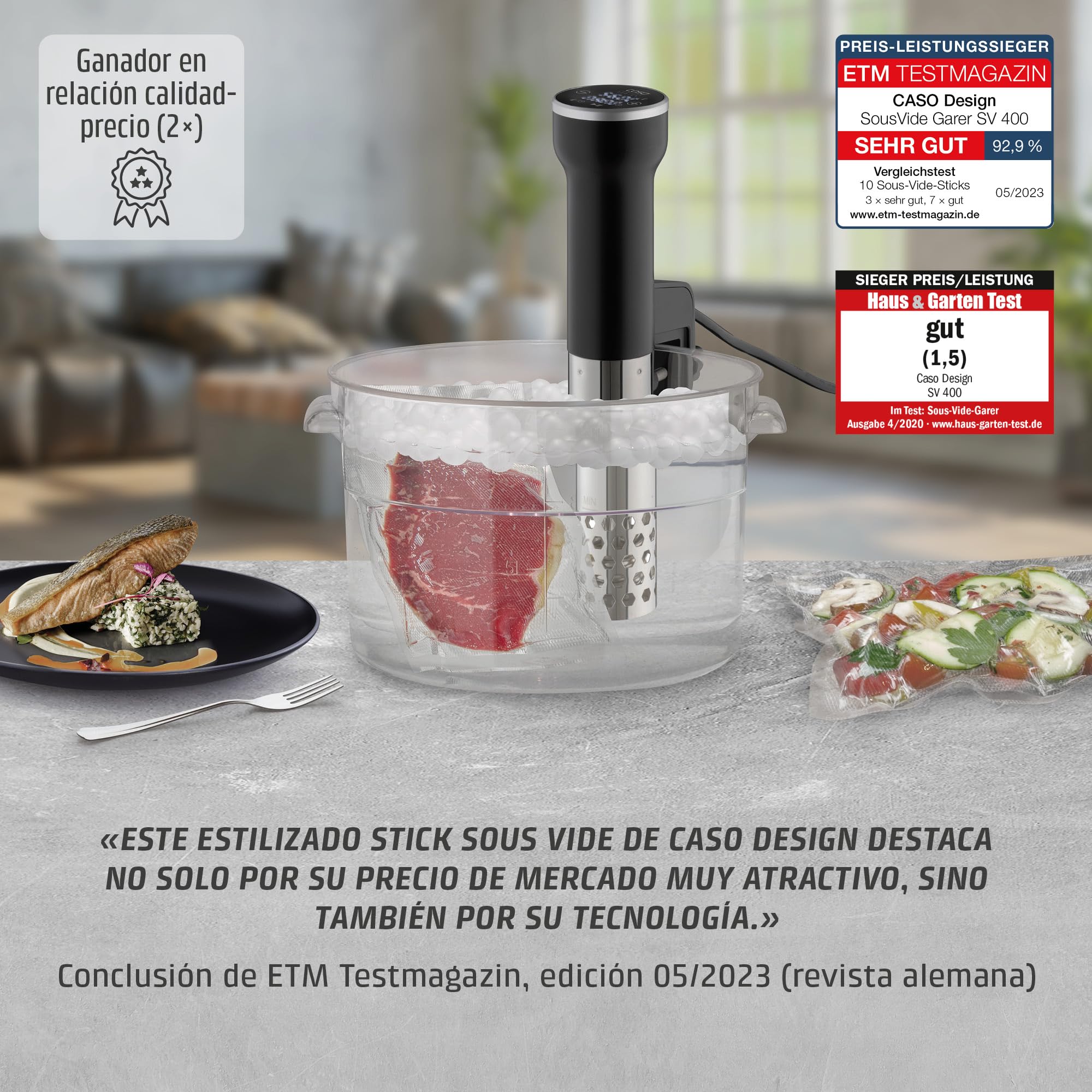 CASO SV 400 - Sous Vide roner cocina baja temperatura profesional 1000W, Stick Sous Vide para recipientes de hasta 20 l de volumen, cocina Sous Vide, 25-90 °C en incrementos de 0,5 °C, IPX7