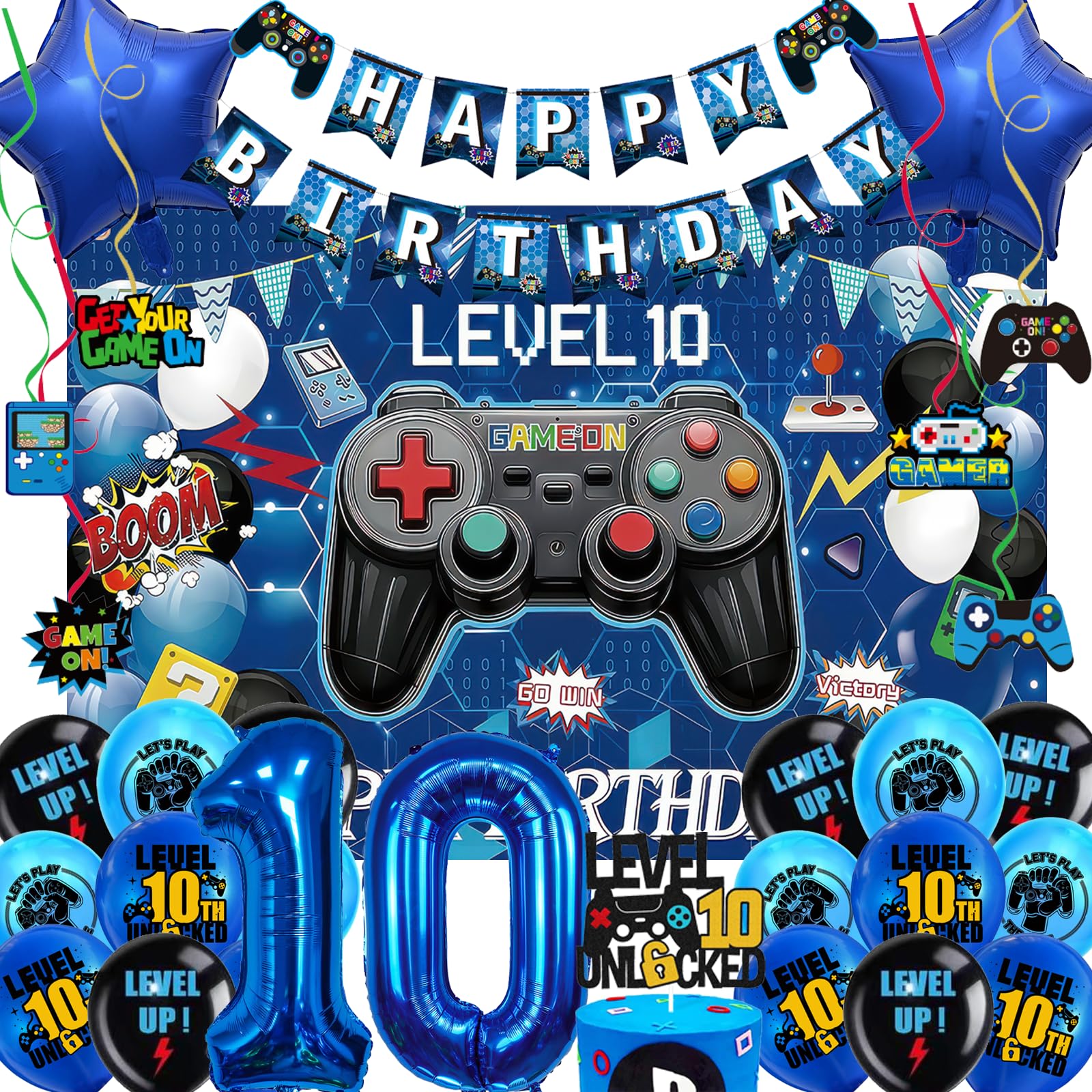 Game Theme 10th Birthday Party Decorations - 31pcs Blue Gamer Party Supplies with Latex Balloons, 32inch Number 10 Foil Balloon, 110x150cm Backdrop, Hanging Swirls for Double Digits Boy & Girls