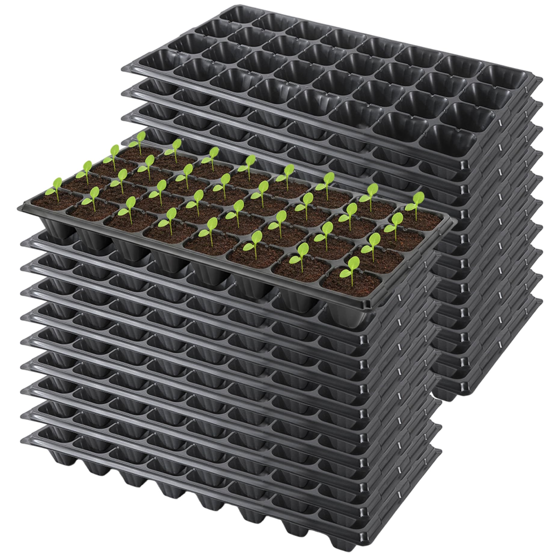 Paquete de 20 bandejas de inicio de semillas, 32 celdas, bandejas de plantación reutilizables para plántulas, bandeja de plástico negro con agujeros de drenaje para jardinería, 21.25 x 11.02