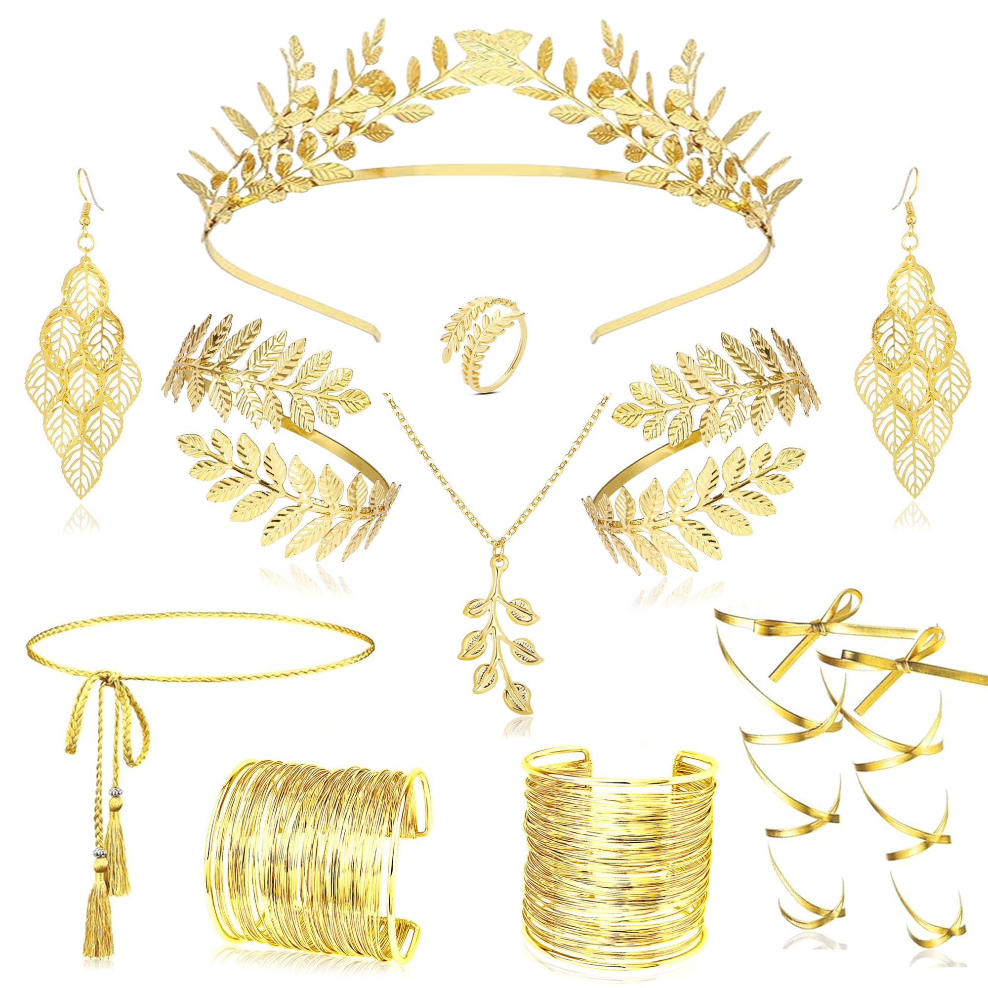 LOFITOR 11Pcs Greek Goddess Costume Accessories Set for Women Gold Plated Laurel Leaf Crown Headband Leaf Armband Coil Bracelet Leaf Dangle Earring