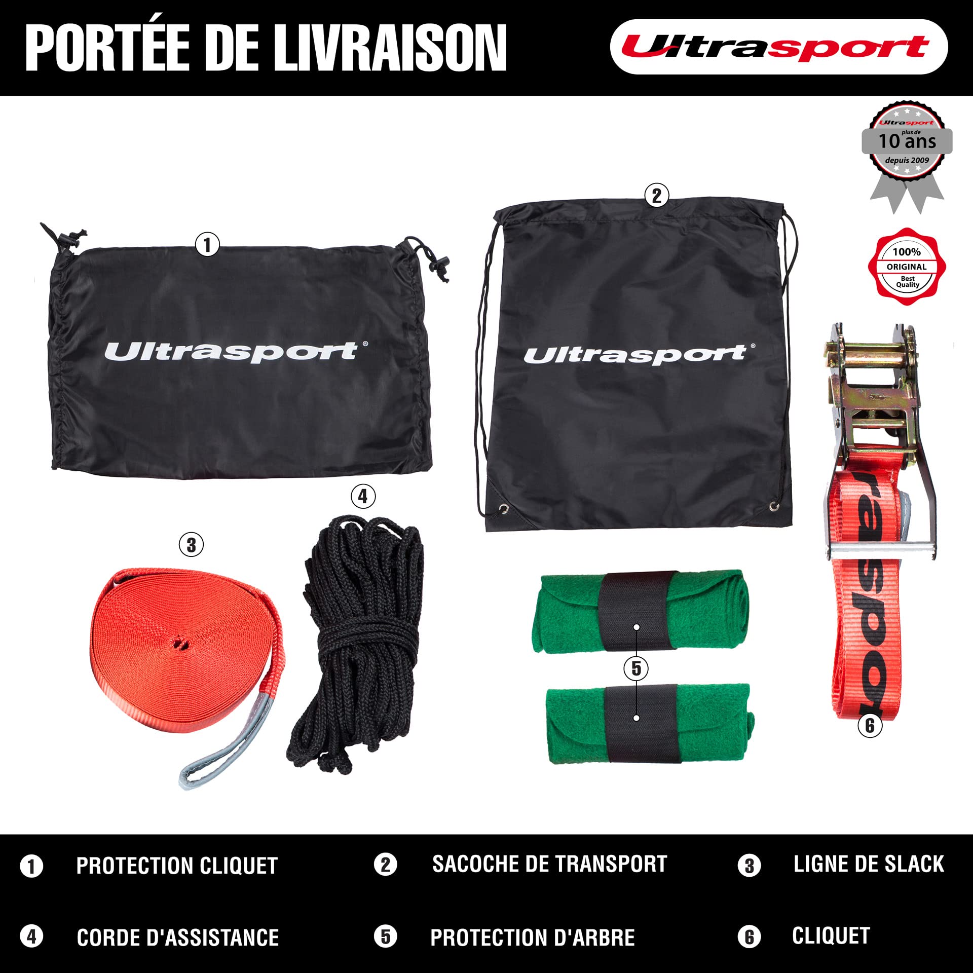 Ultrasport Slackline 15m-25m, avec cliquet et Sac Transport, Jeu Complet Slackline, Disponible avec et sans Protection d'arbre, Jeu Slackline, Slackline Fitness, certifié TÜV GS, Enfants et Adultes
