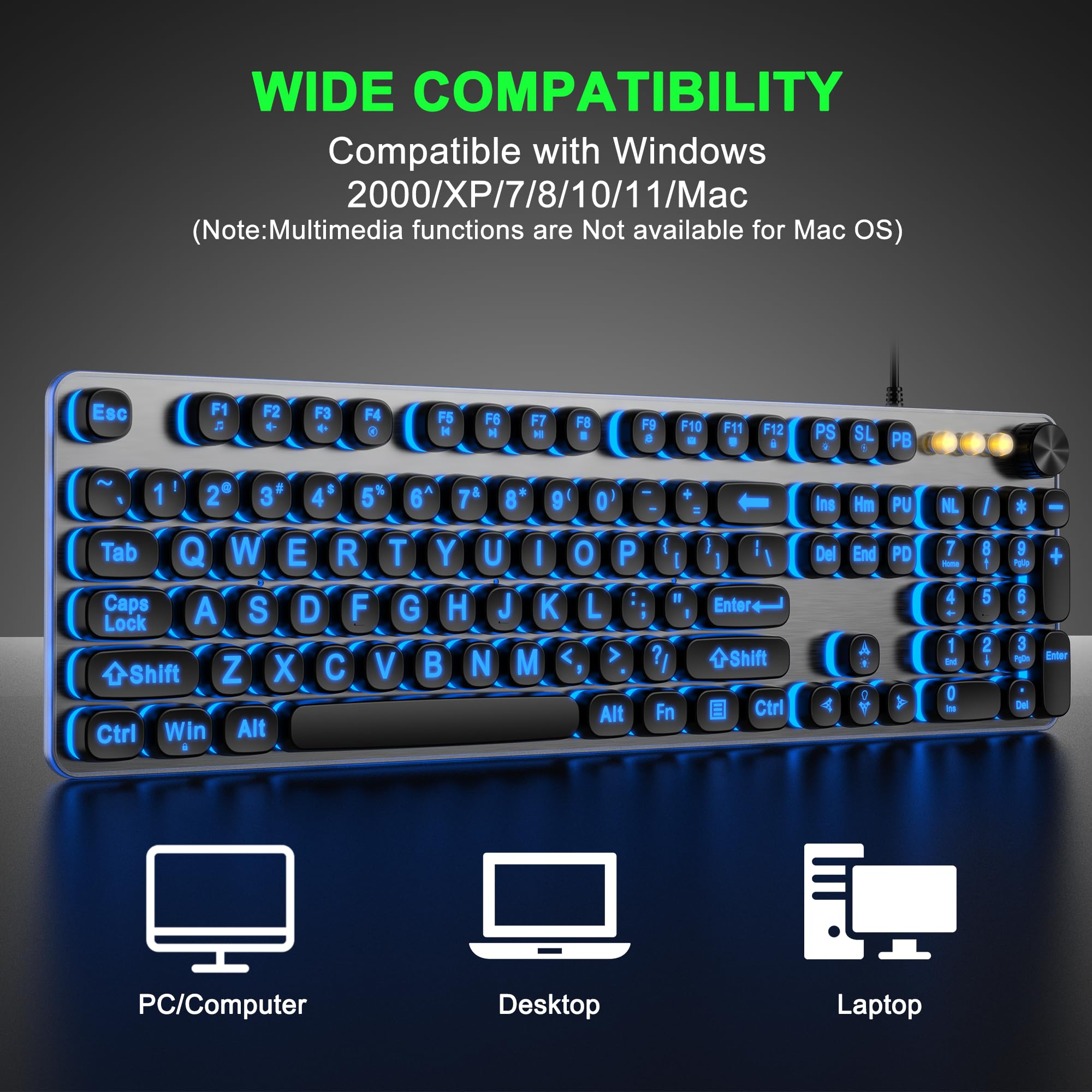 QUASIO Große, beleuchtete Tastatur mit Hintergrundbeleuchtung in 7 Farben, kabelgebunden, USB-beleuchtete Computer-Tastaturen, übergroße Buchstaben, leicht zu sehen, beleuchtete Tastatur für PC