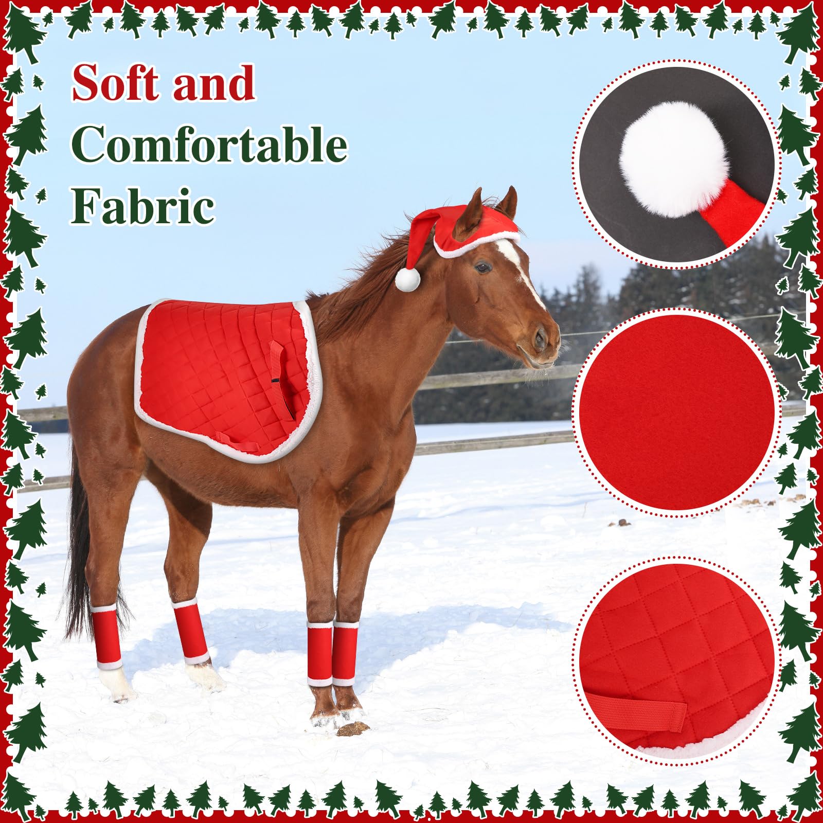 6 Pezzi di Fasce per Le Gambe di Babbo Natale per Cavallo con Bordo in Pelliccia Sintetica, Cappello di Natale, Sottosella di Babbo Natale per Accessori per Costumi di Natale per Cavallo