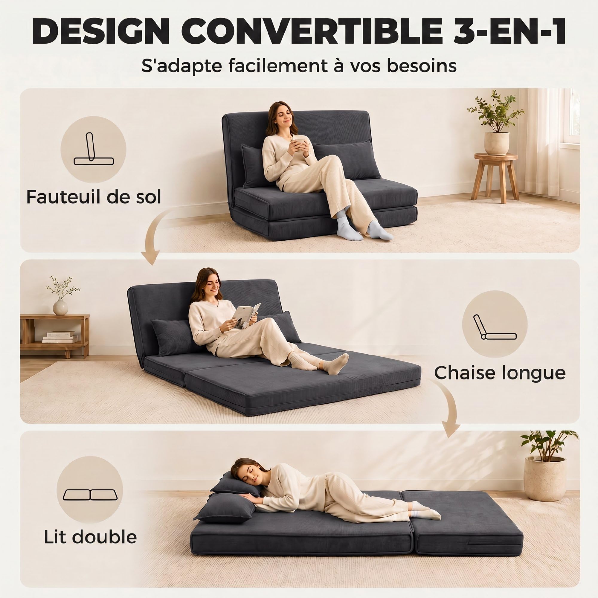 HOMCOM Canapé-Lit Pliant 2 Places Convertible Velours Côtelé Gris Foncé