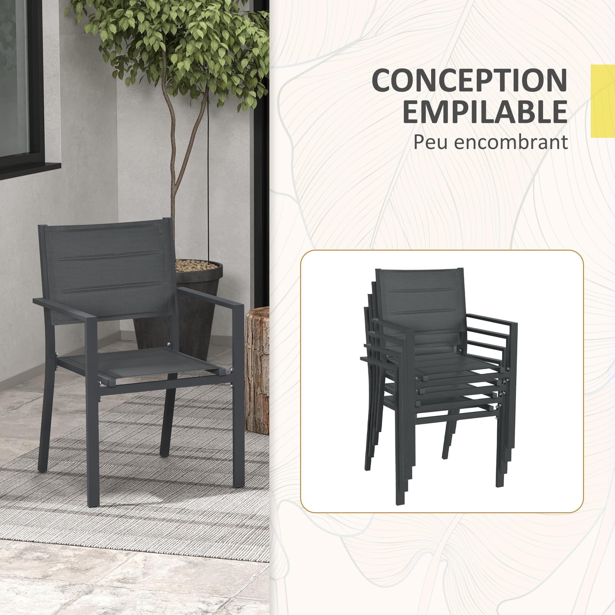 Outsunny Ensemble de 4 Chaises de Jardin Empilables avec Accoudoirs Gris