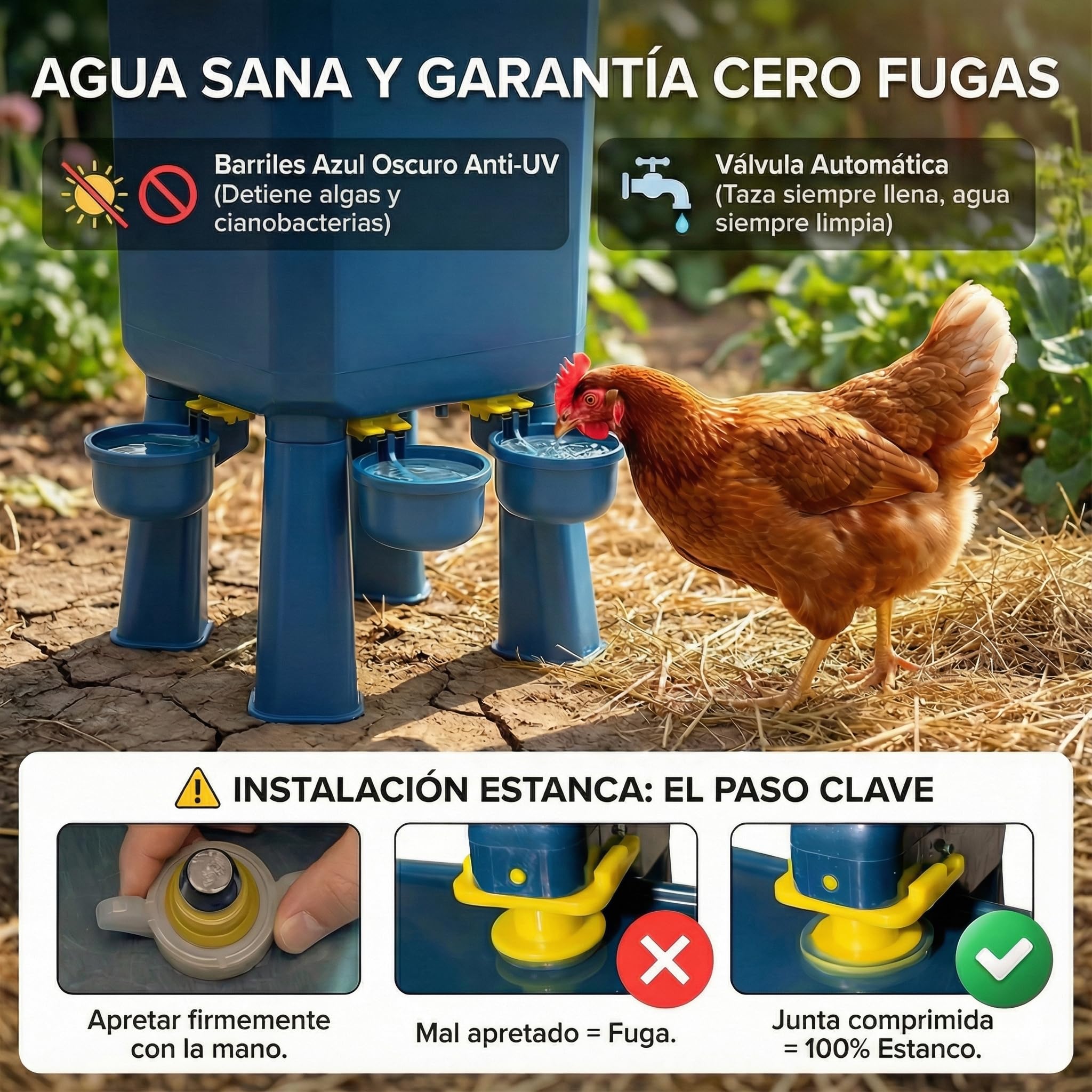 Kit Comedero y Bebedero para Gallinas 8KG/7L – Antiparasitario, Válvula Automática, Anti-Cianobacterias, Ideal para Microgranjas y Criadores Aficionados, Autonomía Prolongada, Reduce Recargas