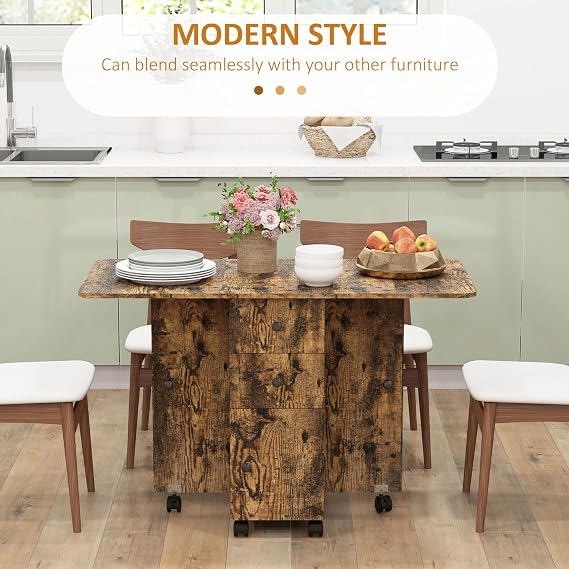 HOMCOM 60-120 cm Folding Dining Table for 4-6 on Wheels, Rustic Brown