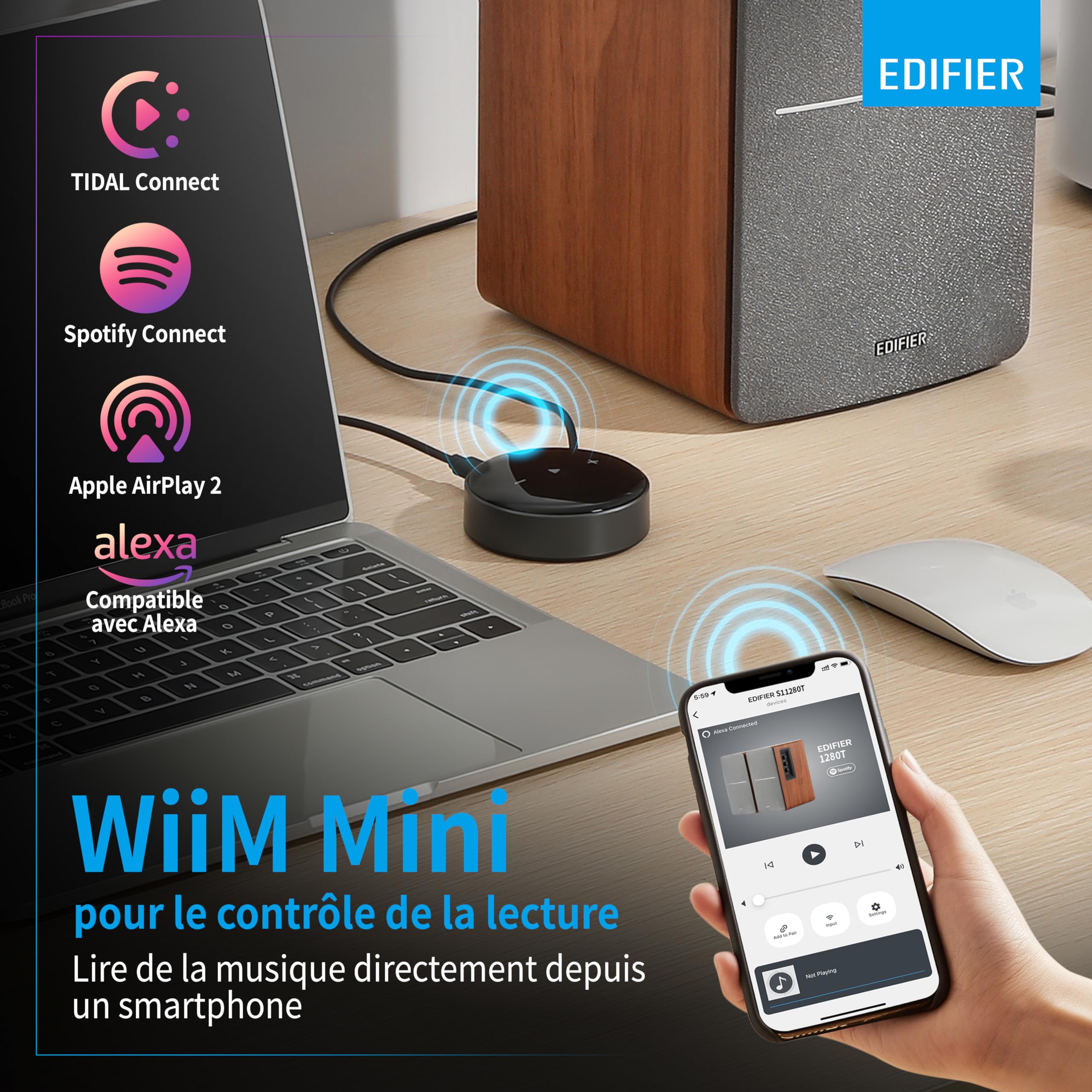 Edifier R1280T WiiM Mini - Enceintes bibliothèque Actives 2.0 avec WiiM Mini Inclus pour Streaming Airplay 2 Fonctionne avec Alexa & Siri - 42 W RMS - Bois