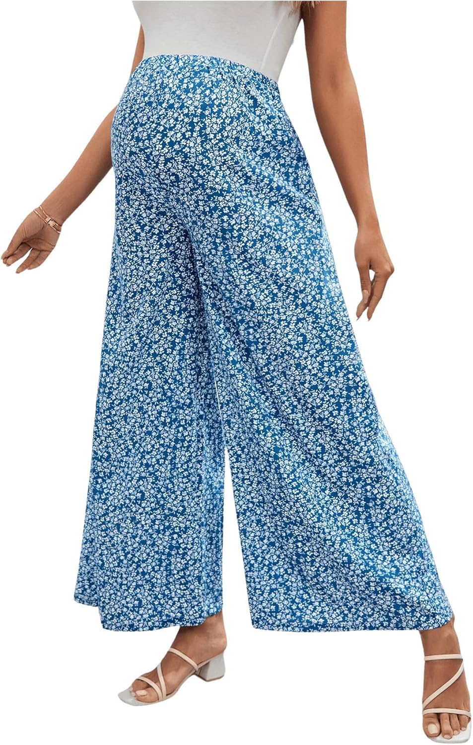 OYOANGLE Women's Maternity Floral Print Boho Pants Adjustable Waist Wide Leg Pants X-Large Blue