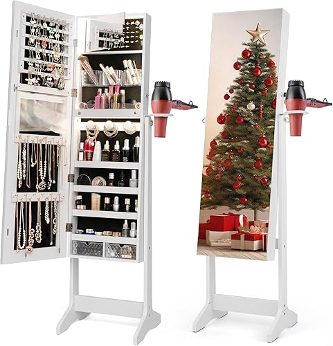 CHARMAID Armario de joyería con tira de luz LED de 3 colores organizador de armario de joyería de piso con espejo de longitud completa alto soporte