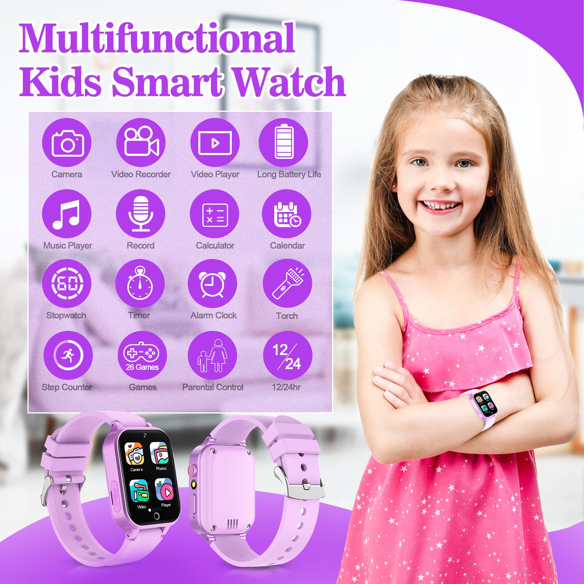 Smartwatch per Bambini - 36 Giochi, Contapassi Calorico, Orologio Smartwatch con Fotocamere, Musicale, Torcia, Sveglia, Giocattoli educativi, Regalo di Compleanno per Bambini[Scheda SD integrata]