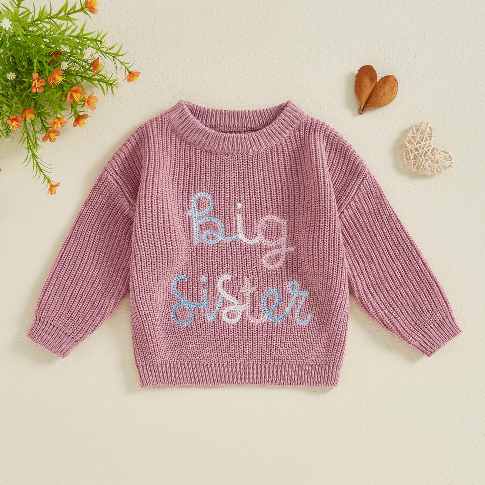Thorn Tree Toddler Baby Girls Sweater Letter Printed Crewneck Long Sleeve Pullover Sister Matching Fall Winter Clothes (Pink Purple, 18-24 Months)