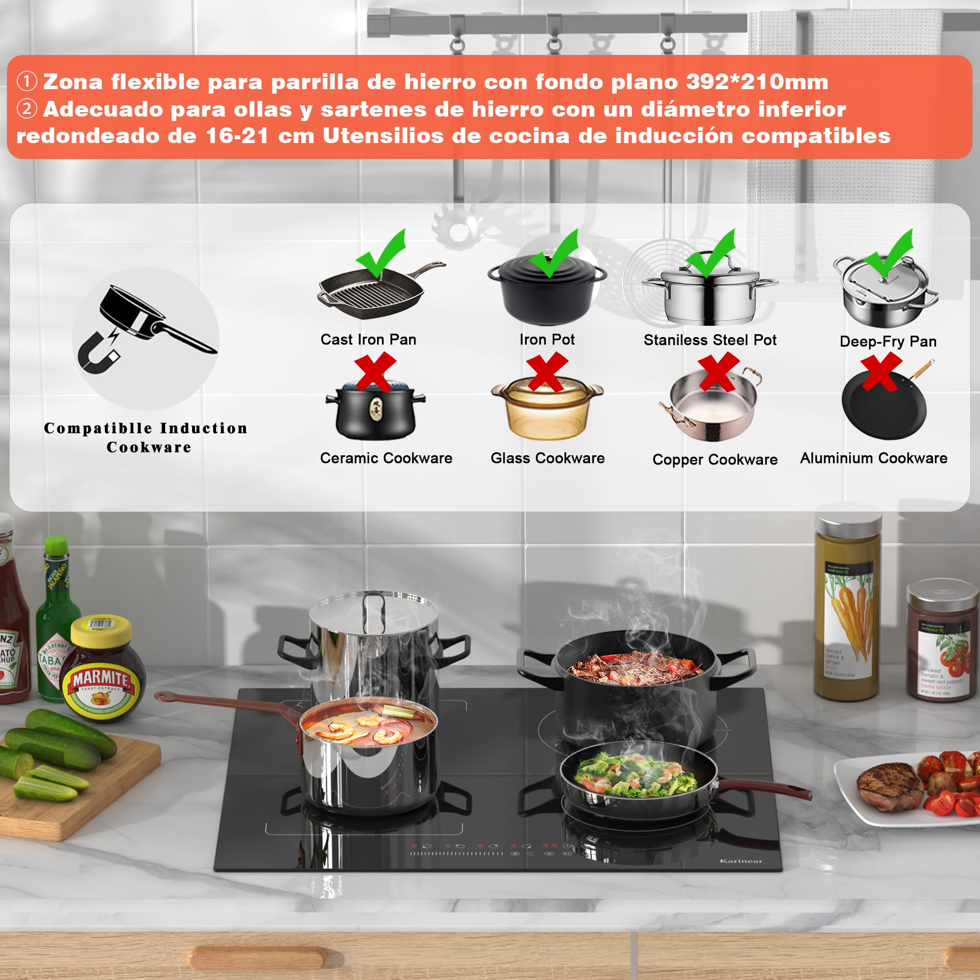 Karinear Piano Cottura Induzione 4 Fuochi, 60cm Piastra Induzione Elettrico 3500W con Flex Zona, Piani Cottura con Spina, 9 Power Comandi Toccare, Blocco di Sicurezza per Bambini, Timer Lock, Booster - 5