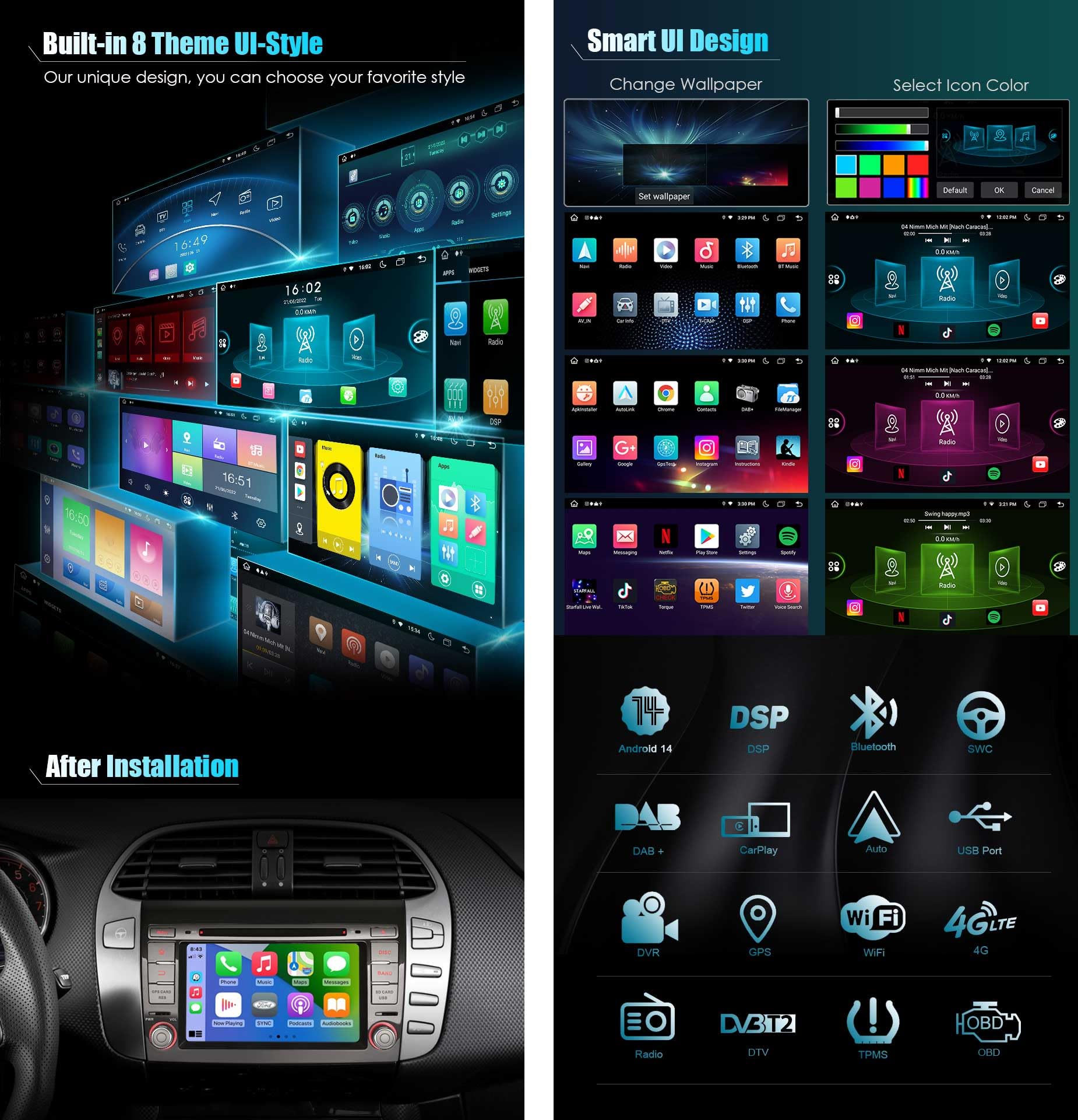 Erisin 7 Pollici 8-Core Android 14 Autoradio Navigatore GPS per FIAT BRAVO, Supporto Capacitivo Touch Screen Lettore DVD Wireless CarPlay Android Auto Bluetooth DSP DAB+WiFi Mirror Link OBD2 4GB+64GB