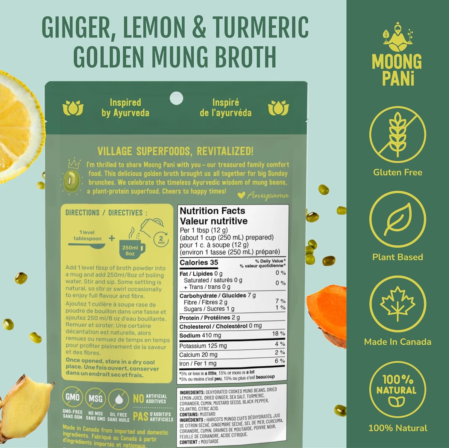 Moong Pani Golden Mung Sipping Broth Powder 3-Pack | Ginger Lemon, Cilantro & Turmeric | Bouillon Style Vegan Bone Broth Alternative | Nutrient-Dense, Gluten-Free, No Preservatives, Non-GMO | 27 Servings