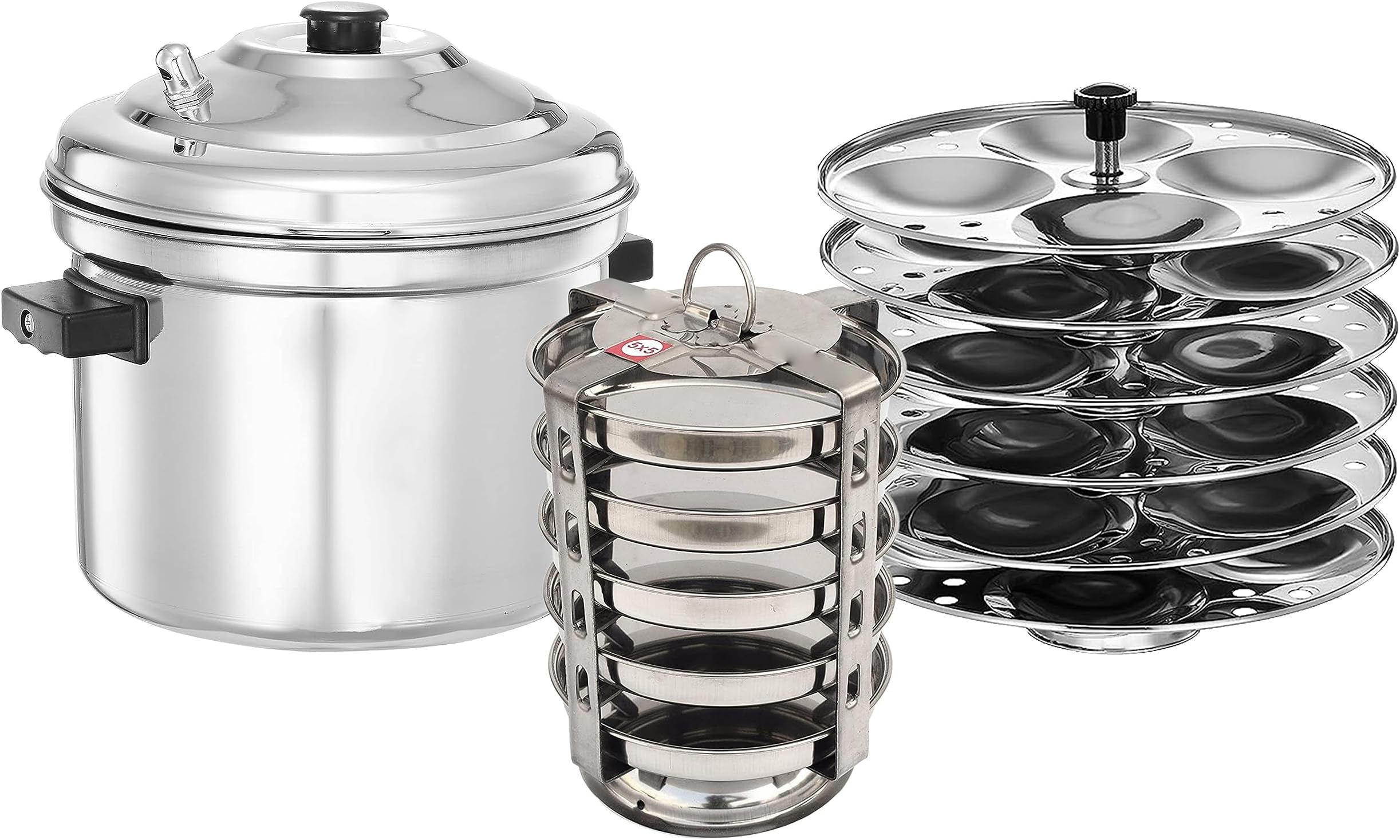 BLeaf Stainless Steel-Jointless Premium Idli cooker (Induction & Standard) with Regular Idli Stand/Idli Plates (6 Plates, 24 Idlis) & 5 Plate Thatte Idli Stand (5 Plate, 5 Idli)