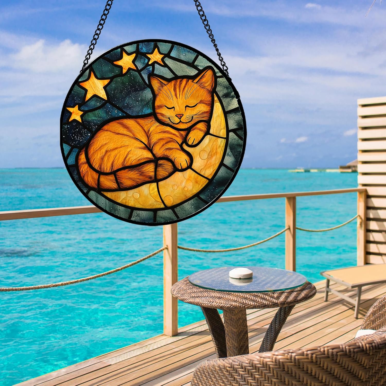 Stained Glass Window Hanging - Orange Cat Sun Catcher for Door Home Decor Stars and Moon Suncatcher Christmas Mother's Day Birthday Loss of a Pet Gifts for Women Men Mom Nana 7.8 in - Image 5