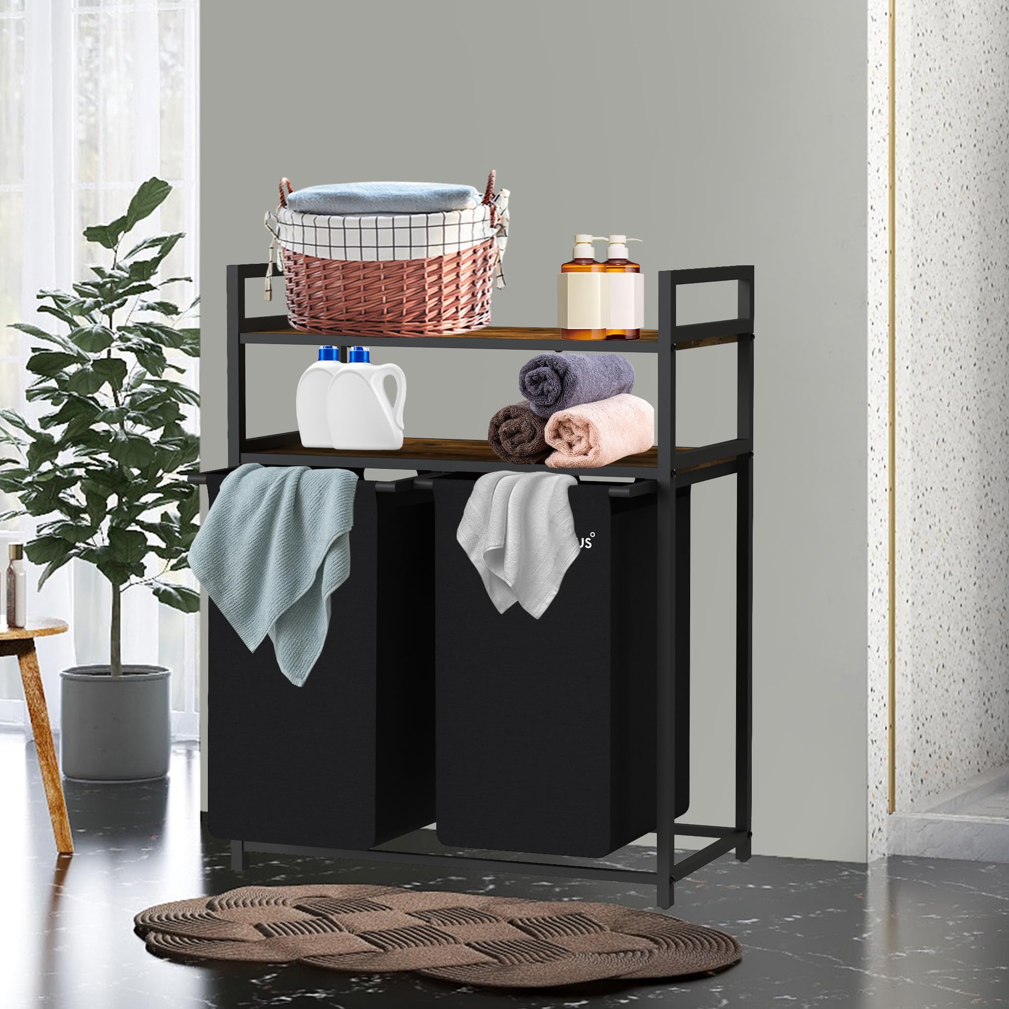 Zelsius Wäschesammler 2 Fächer | Schwarz, 73 x 33 x 91 cm | Wäschekorb mit Ablagen, Schmutzwäschebehälter mit Wäschebeutel | Wäschesortierer, Wäschebox, Wäschesack | Wäschesystem, Waschkorb
