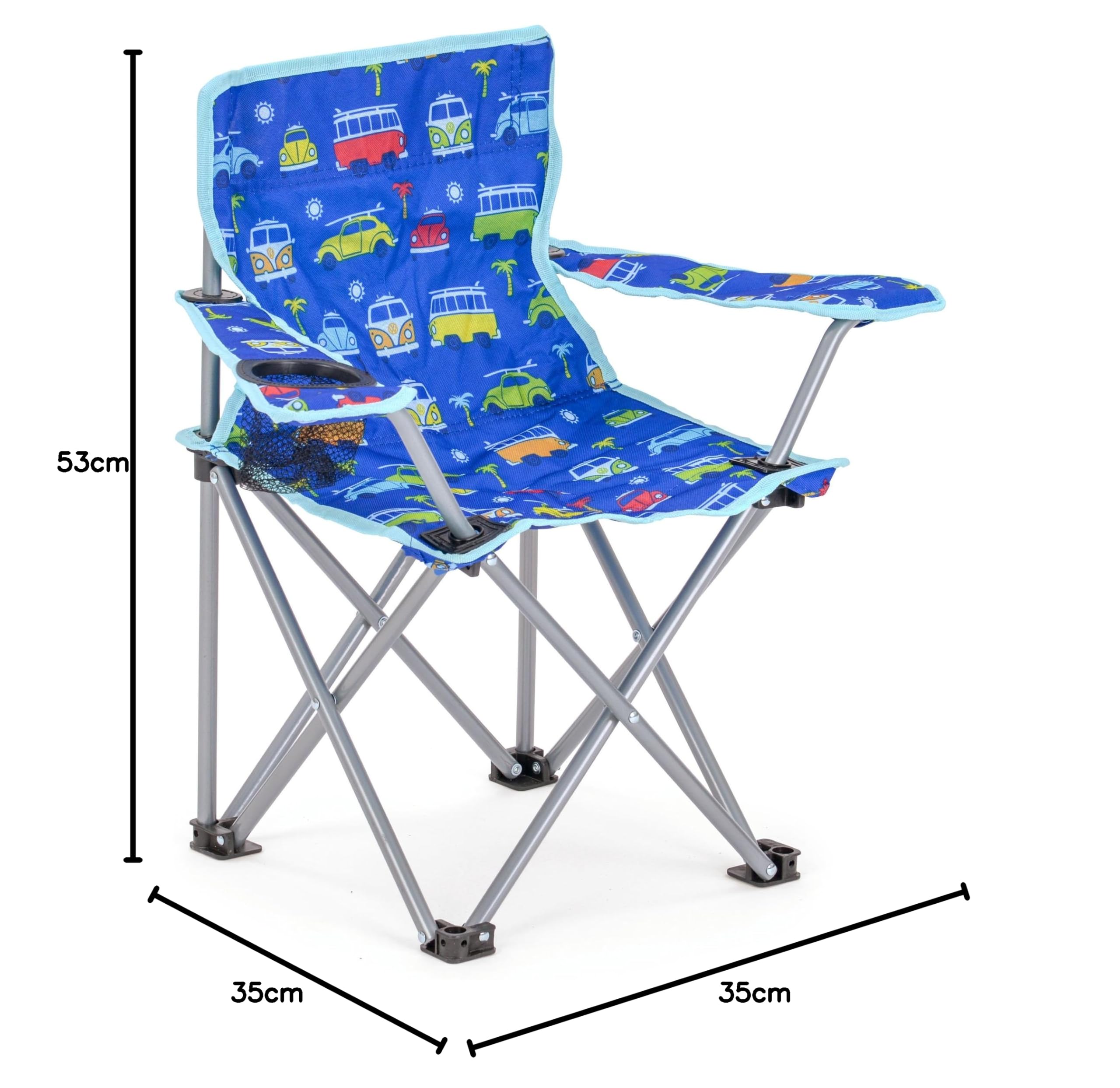 Board Masters Volkswagen Kids Folding Camping Chair - Includes Carry Bag And Drinks Holder - Blue