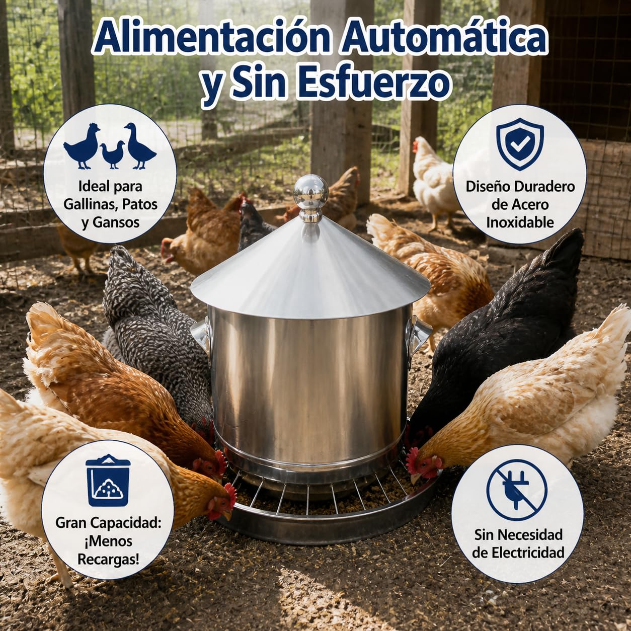 Comedero Automático para Gallinas, Antipájaros y, de Acero Inoxidable, para AV de Corral, 30 kilograms (15 kg)