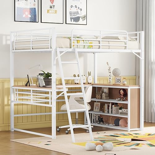 Full Size Metal Loft Bed with L-Shaped Desk,Heavy Duty Metal Loft Bed with 3 Tier Shelves for Kids Teens Adults,High Loft Bed Frame, Space Saving(Full,White)