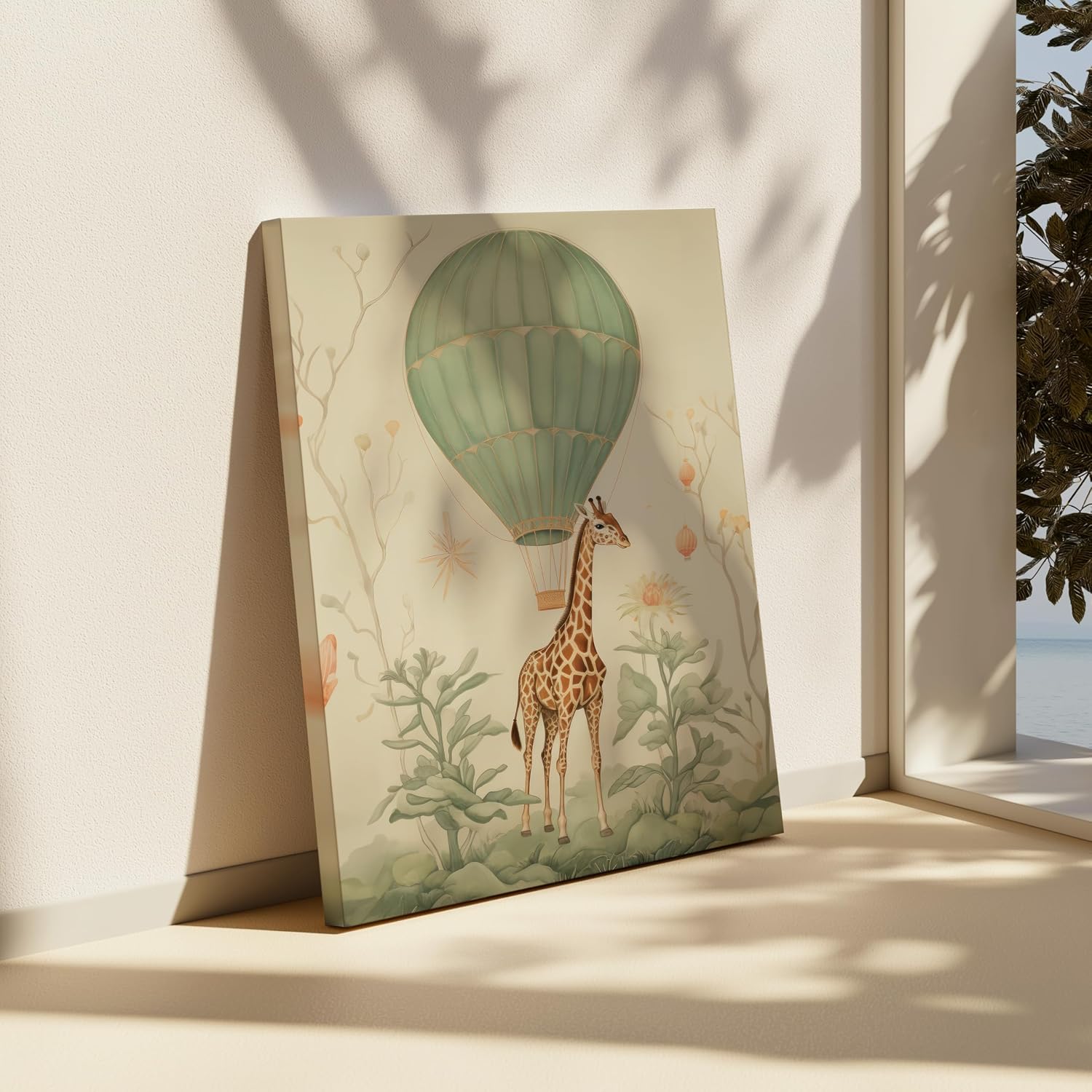 Poster Master Vintage Hot Air Balloon Canvas - Retro Giraffe Print - Flower & Jungle Art - Gift for Kids & Parents - Aesthetic Decor for Nursery, Bedroom or Kids Room - 8x10 STRETCHED Canvas