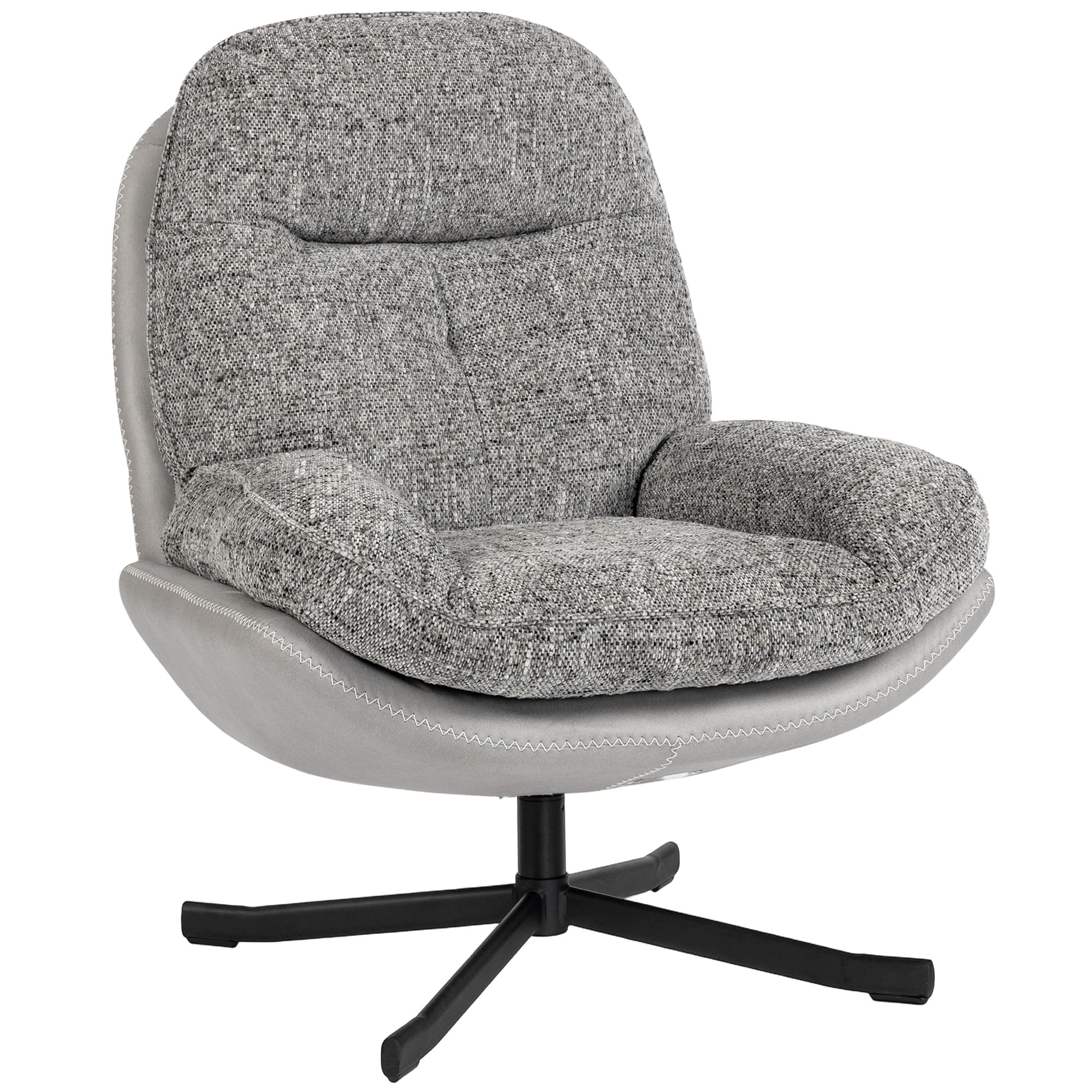 HOMCOM Sillón Giratorio Moderno, Butaca de Salón con Base Cruz, Tapizado en Chenilla y Cuero PU, Asiento Ancho Doble, Patas de Acero y Reposabrazos, Sillón Relax para Sala de Estar, Dormitorio, Gris