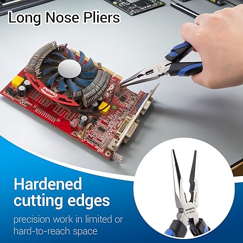 Miniatura 6 de Juego de alicates de 5 piezas para el mantenimiento del hogar para hombres, incluye junta de ranura, nariz larga, corte diagonal, llave ajustable y
