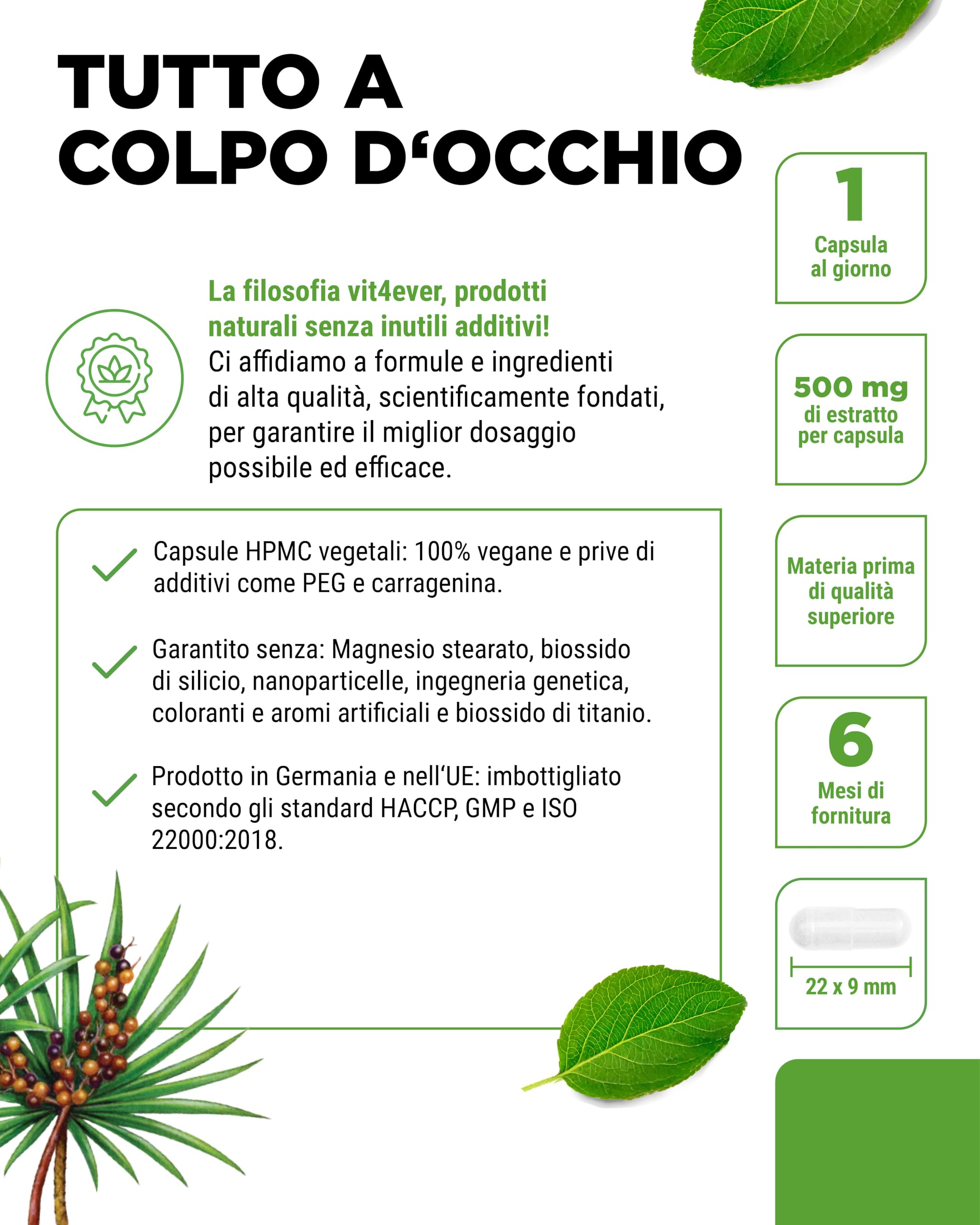 vit4ever Estratto di Saw Palmetto – 180 capsule con 500 mg di estratto di saw palmetto ad alto dosaggio – Premium: 5% fitosteroli = 25 mg – Senza additivi indesiderati – Vegano
