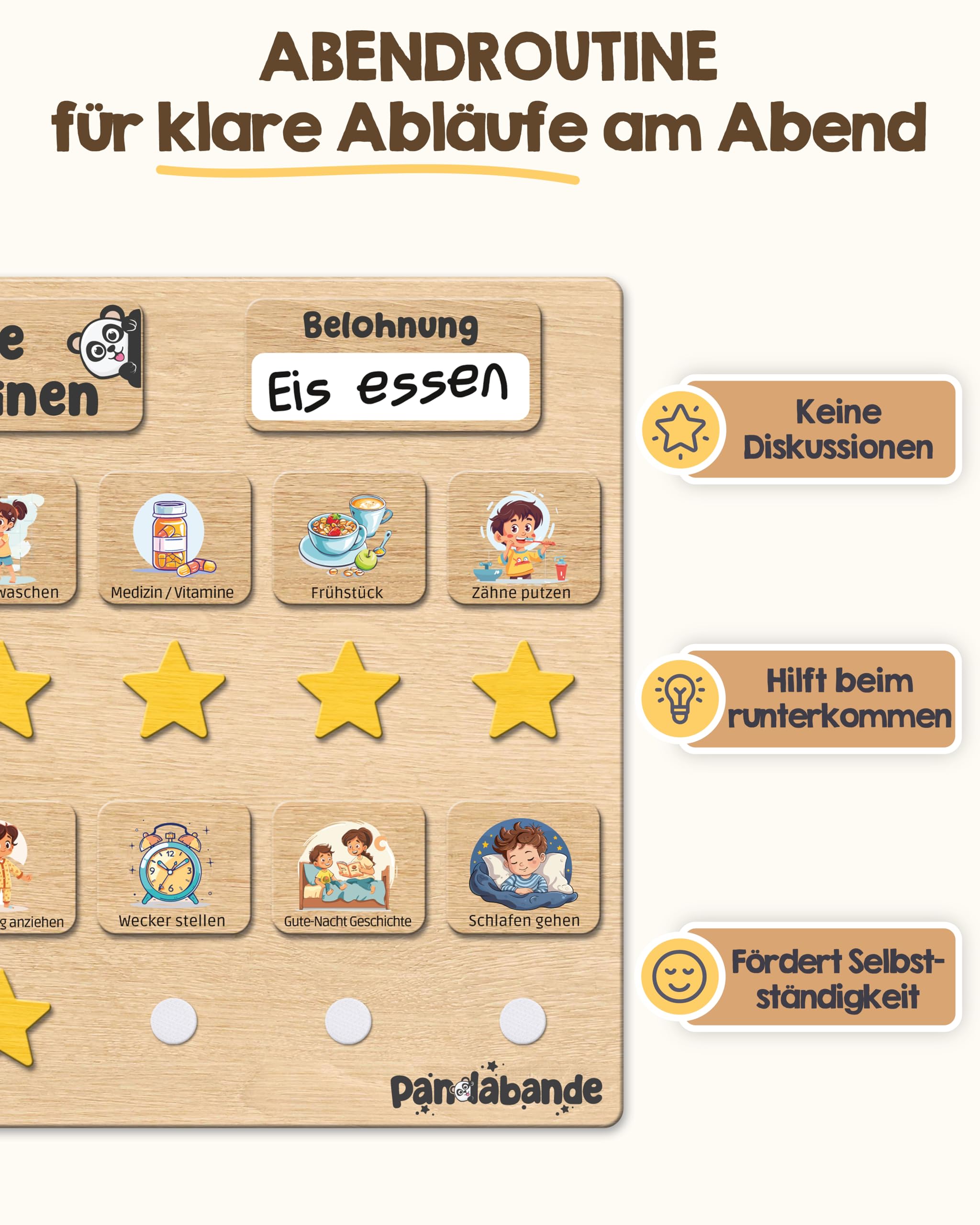 PANDABANDE Premium Routine Planer Kinder Holz - 100% FSC®-zertifiziert | Morgenroutine und Abendroutine mit 84 Karten & Sternen - Tagesplaner Kinder Routine - Routineplaner für Morgens und Abends