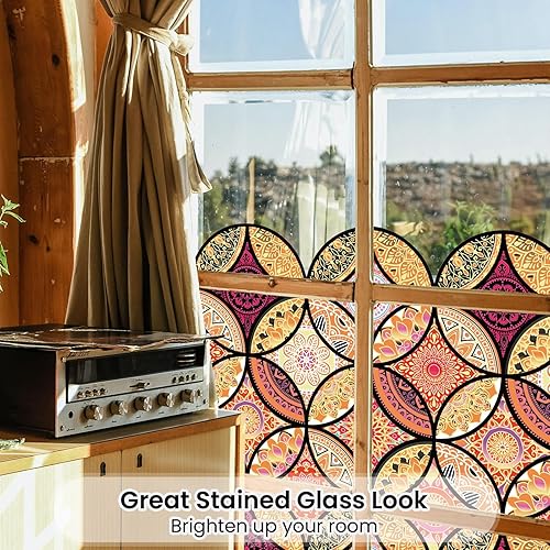 Miniatura 7 de DKTIE Película para ventana de vitrales, estilo bohemio, protección de privacidad, luz suavizante, película decorativa para ventana del hogar (17.7