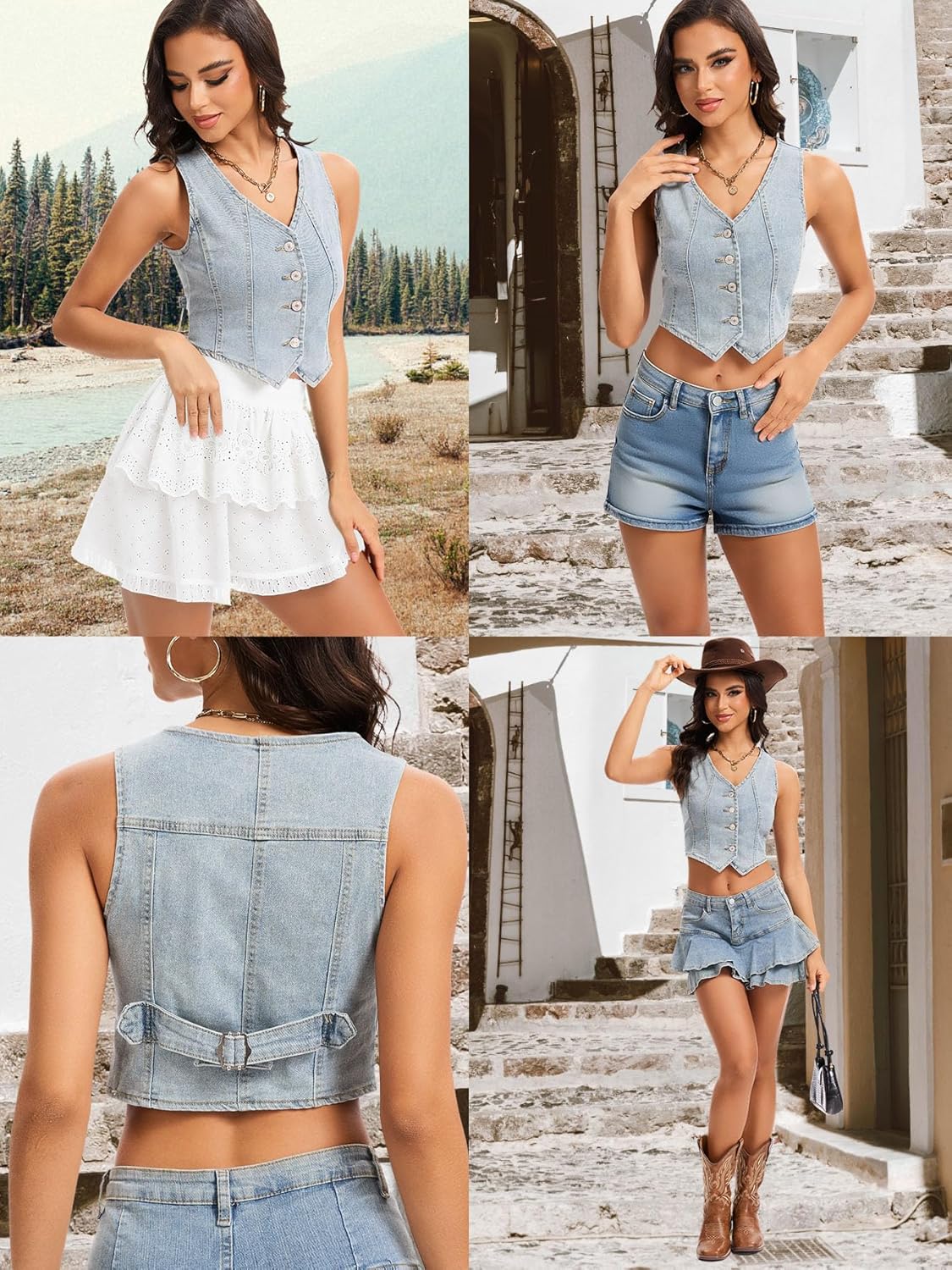 Women's Denim Vest Crop Jean Vest Tops Sleeveless V Neck Button Down Fitted Summer Western Country Denim Waistcoat - Image 7