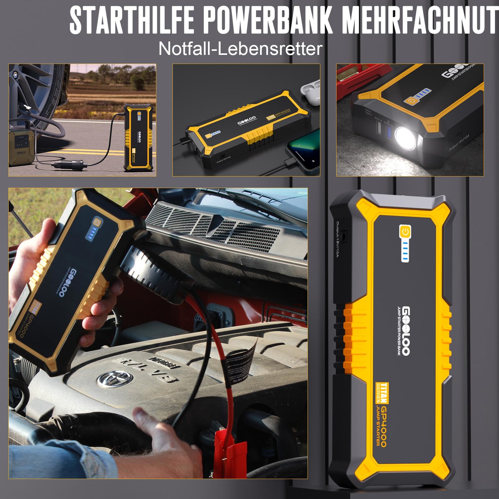 GOOLOO GP4000 Starthilfe Powerbank, 4000A Auto Starthilfe & A6 Gear Elektrische Luftpumpe 160PSI
