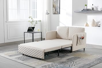 Convertible Sleeper Sofa Bed, Modern Loveseat Couch with Pull Out Bed, Small Love Seat Futon Sofa Bed with 2 Pillows&Side Pockets&Storage for Living Room,sofa cama para habitacion (Beige Linen)