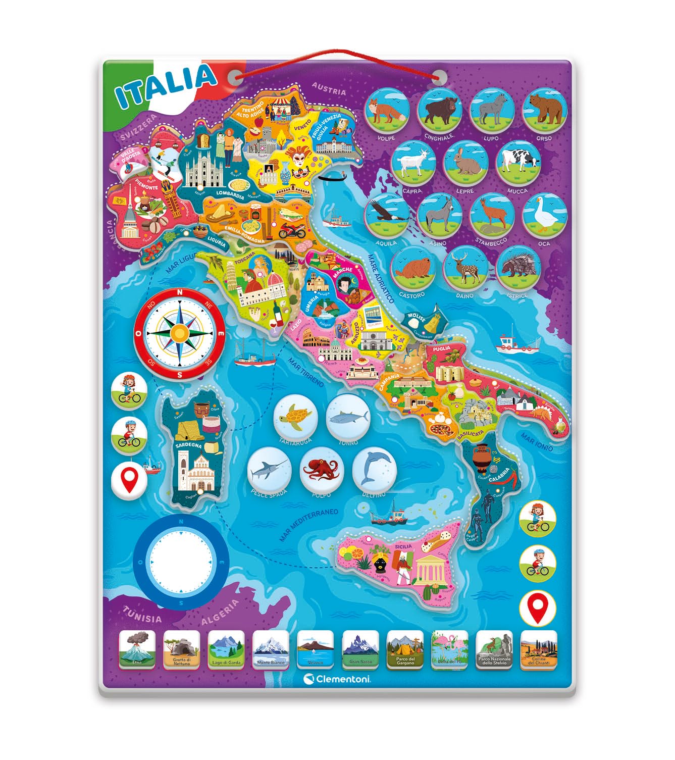 Clementoni Sapientino - Italia, Puzzle Magnetico, 4 Giochi in 1, 50+ Tessere Magnetiche, per Bambini 6-10 Anni, Scopri l'Italia con le Tessere Magnetiche, Idea Regalo, Made in Italy, 30x40 cm, 16690