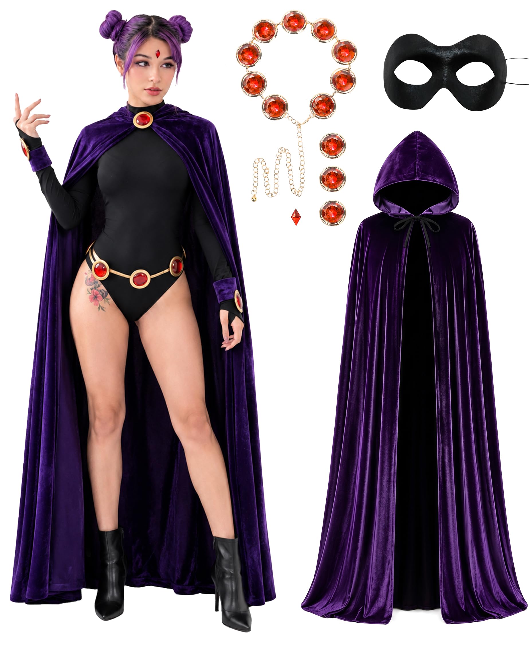REECHO Raven Costume for Women Halloween Cosplay, Purple Hooded Cape Cloak Red Stones Waist Belt, Costumes Props, Eye Mask X-Large