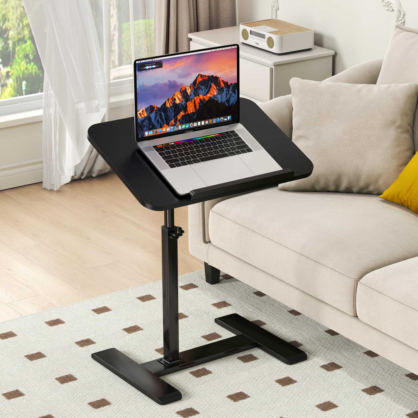 Mesa auxiliar en forma de C, altura ajustable, giratoria 360°, para ordenador portátil, mesa auxiliar, mesa de centro móvil, de madera, pequeña (negro)