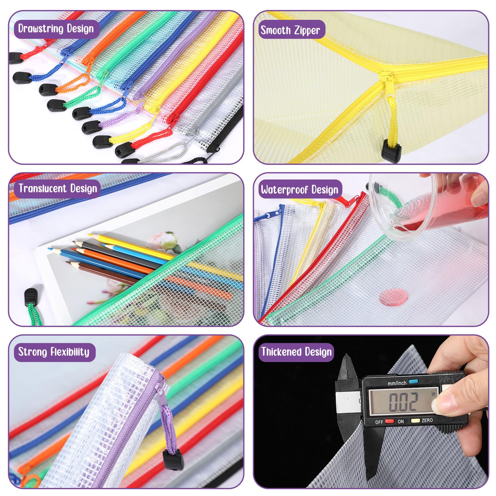 200 sacchetti in rete con cerniera, formato A6, sacchetti in rete con cerniera, impermeabili, piccole borse con cerniera, per scuola, ufficio, organizzazione, 24 x 11 cm (colori diversi)