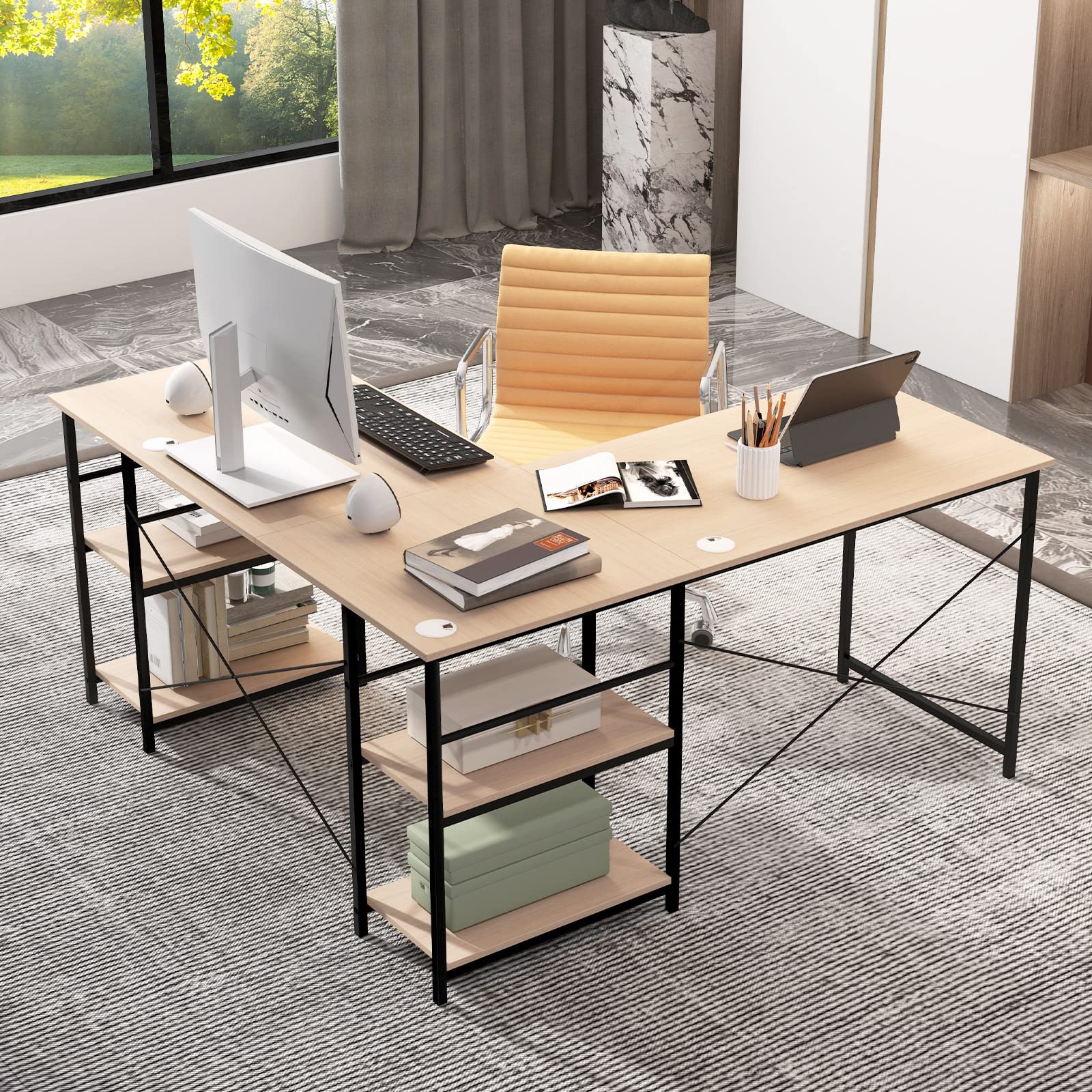 COSTWAY Scrivania Angolare per Computer con Supporto per Monitor, Scrivania Porta PC in Legno, Scrivania Salvaspazio e Moderna per Ufficio e Studio, 242 x 60 x 75 cm (Naturale)
