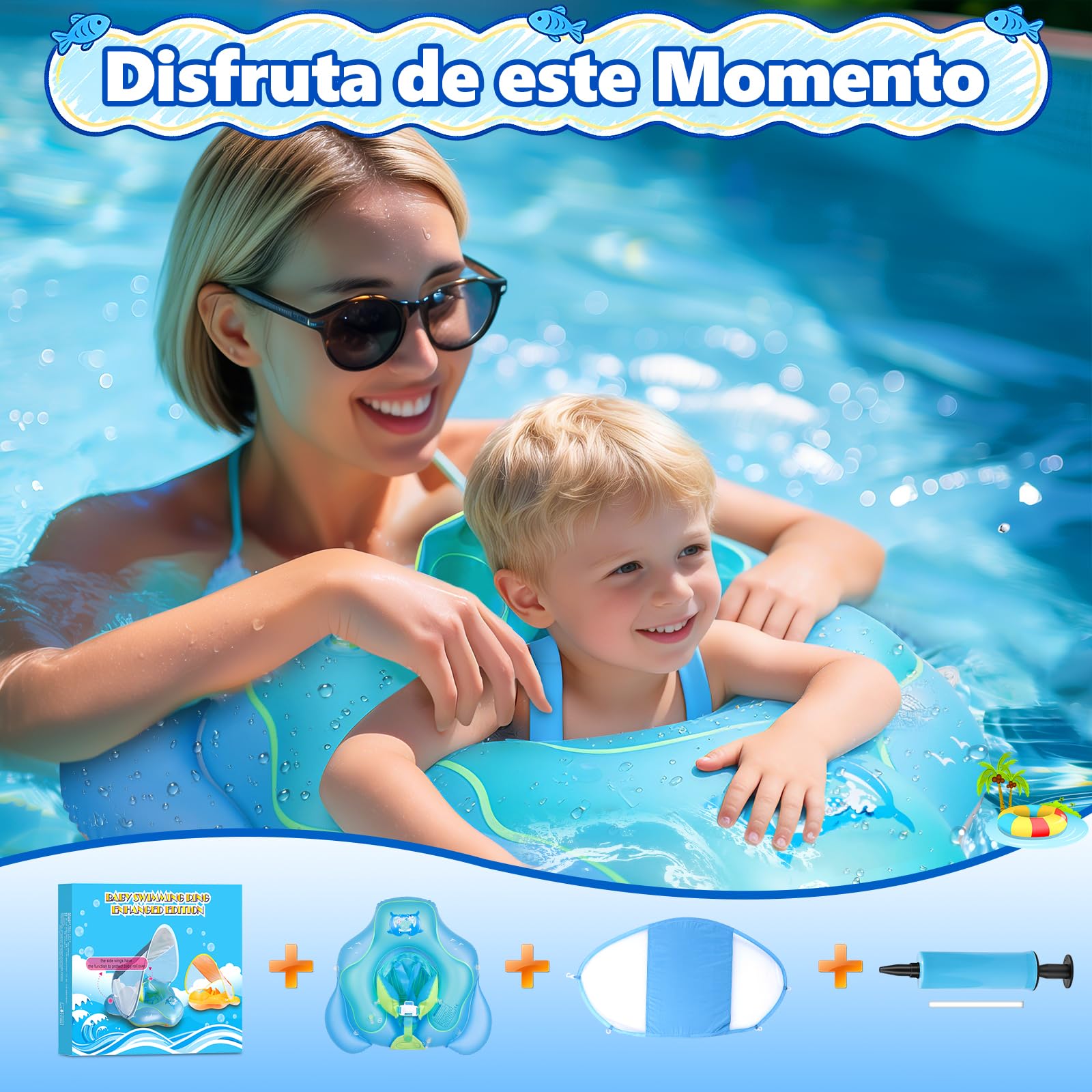 Flotador de Bebé con Toldo UPF 50+, Boya para Piscina Mejorada Que Previene Volteos, Asiento Acuático para niños de 6 a 36 Meses