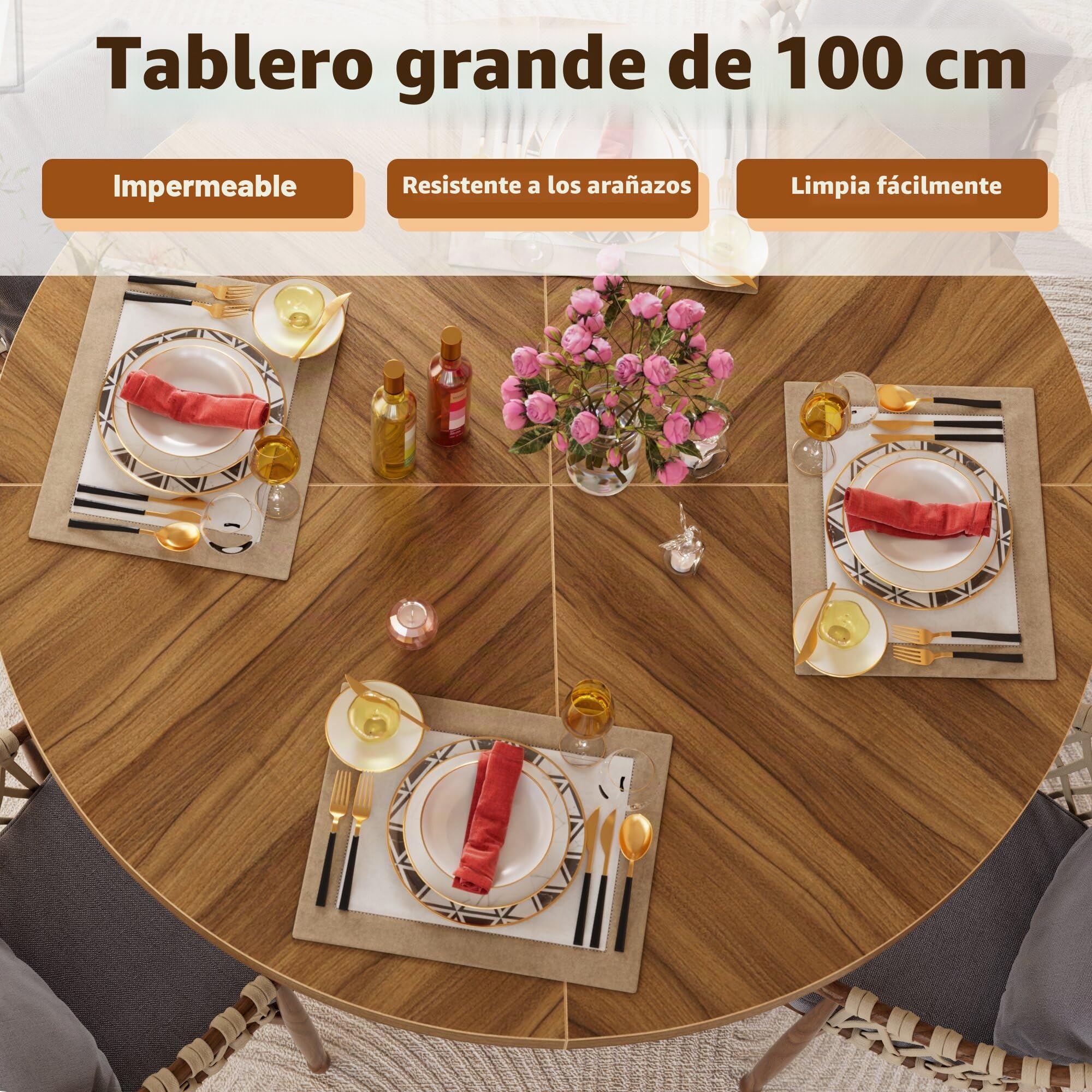 Mesa de Comedor Redonda Madera 100CM Mesa de Cocina Redonda con Estante de Almacenamiento de 2 Niveles y Puerta Corrediza de Madera Mesa de Comedor o Cocina Estable Mesa Redond Comedor 4 Personas