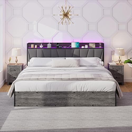 Miniatura 41 de Base de cama de almacenamiento elevable de tamaño matrimonial con luces LED, cabecera tapizada de lino con estación de carga, marco de cama de