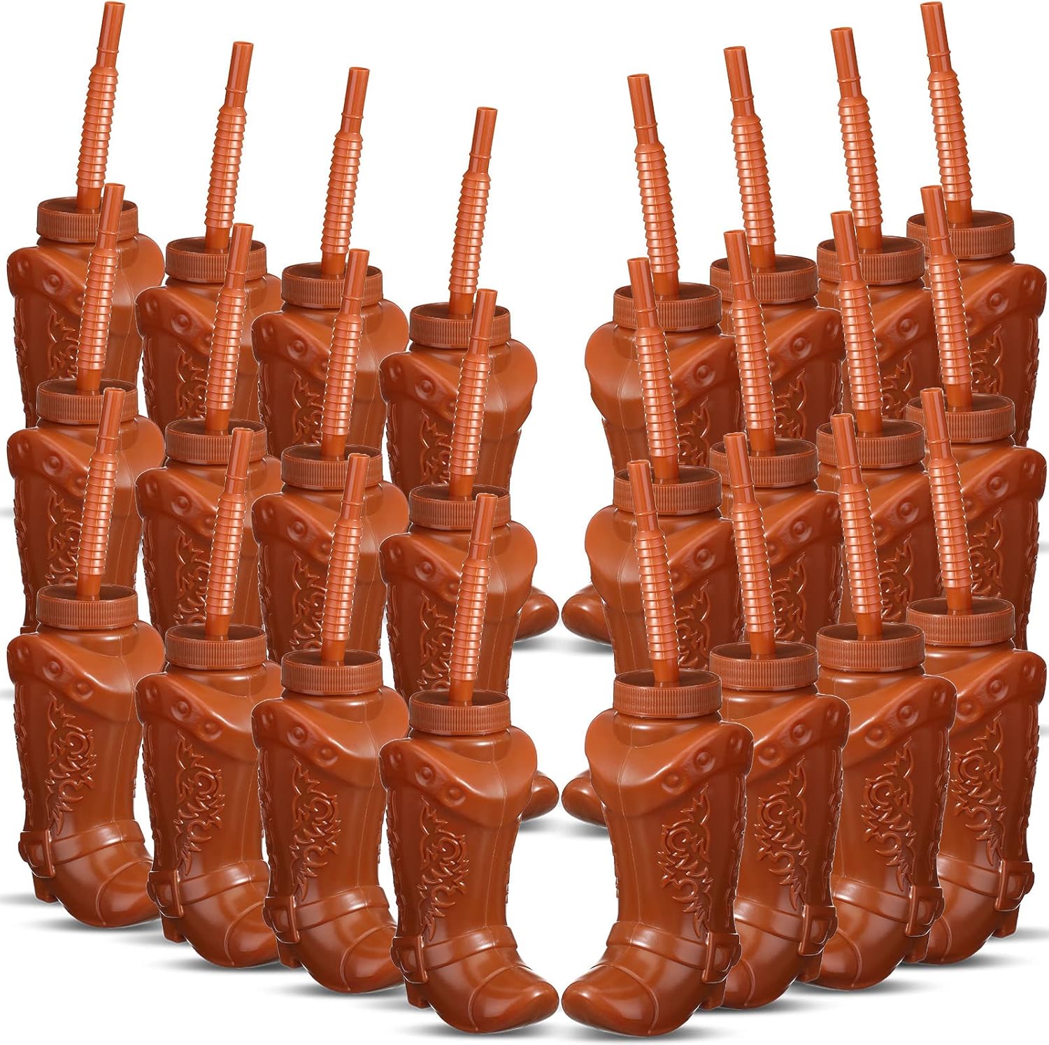 Hoolerry 24 Pcs 10 oz Plastic Cowboy Boot Cups with Straws and Lids Plastic Cowboy Cups for Western Themed Party Supplies and Rodeo Party Decorations (Brown) Brown 24
