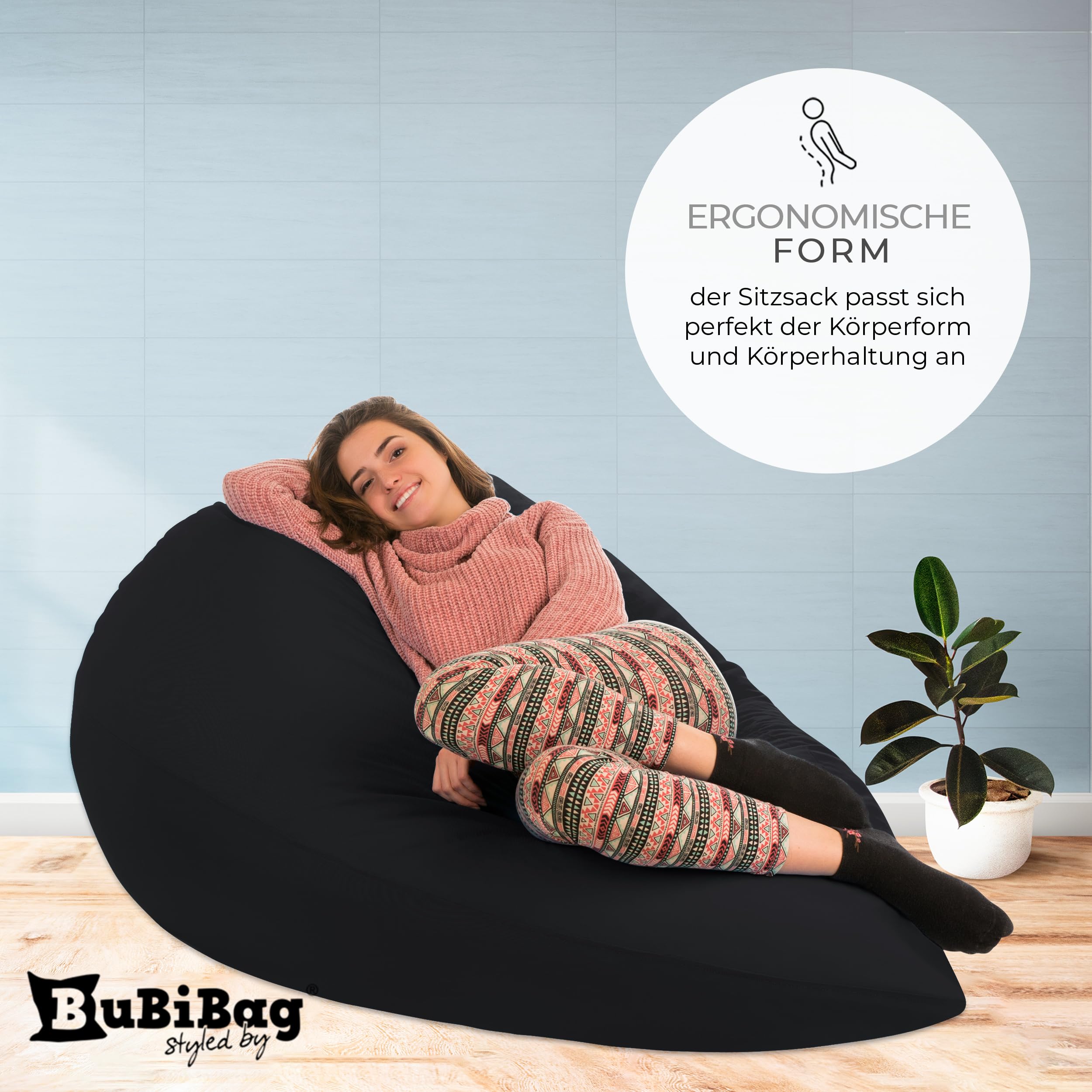 Droplet-Lounge Sitzsack Tropfenform XL 70cm | Sitzkissen Outdoor Indoor Kinder | Bean Bag Bodenkissen mit Füllung | Oxford 600D Oeko-TEX | wasserabweisend (Schwarz)