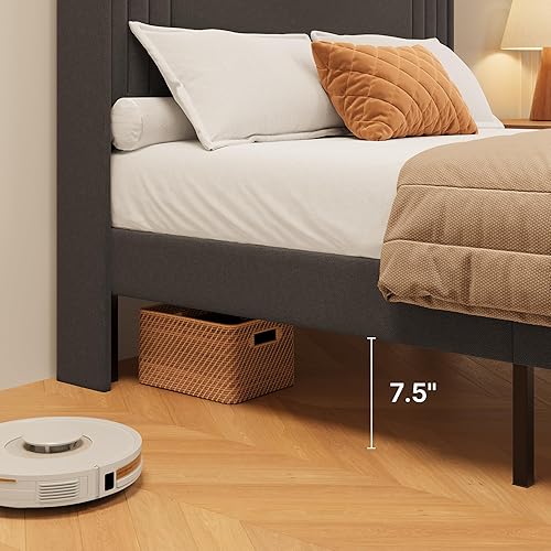 Miniatura 90 de Gizoon Base de cama Queen con cabecera de ala, plataforma tapizada con cabecera geométrica moderna, listones de madera, sin ruido, no necesita