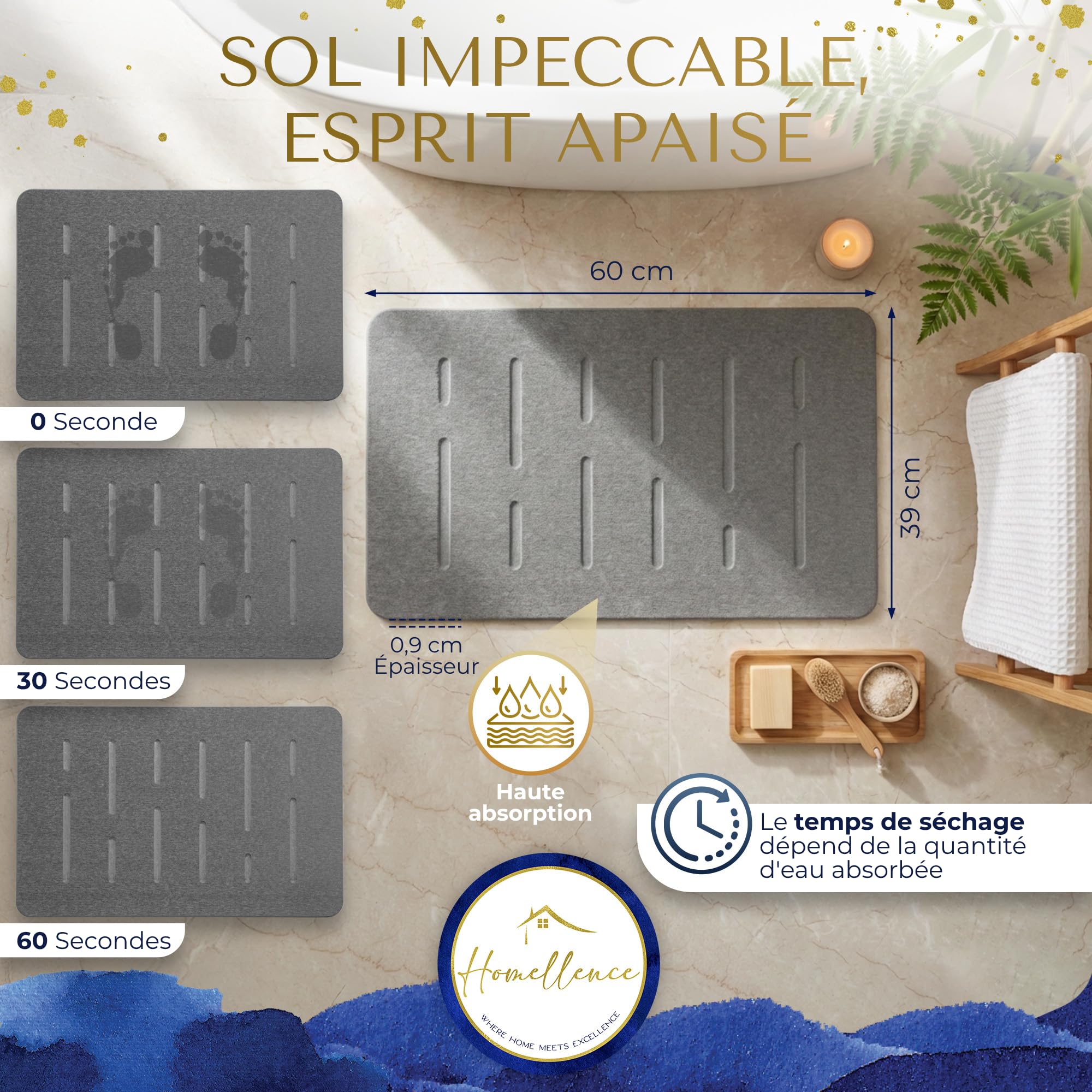 Homellence Tapis de Bain Diatomite 60x39 cm - Sortie de Douche Pierre