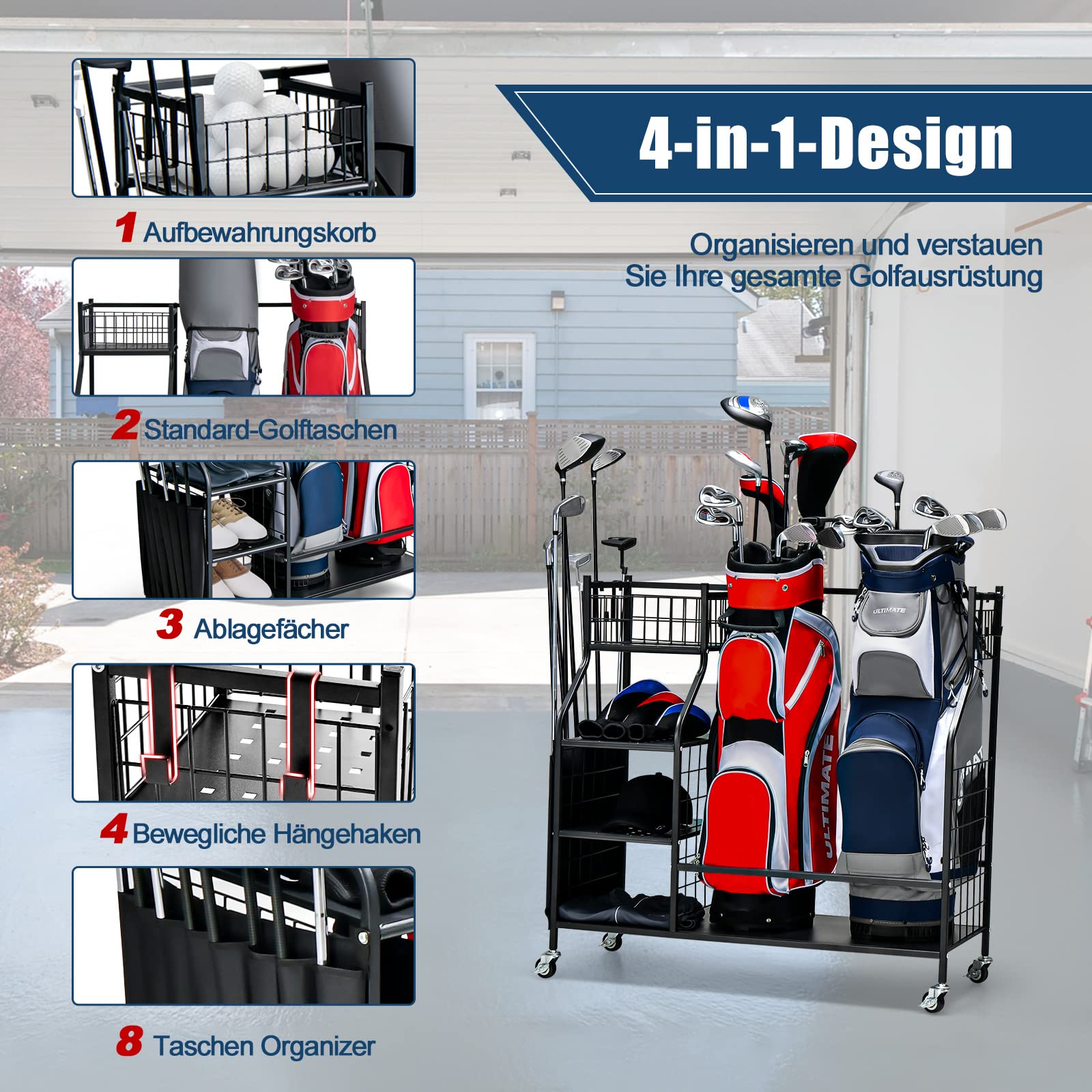 COSTWAY 4 in 1 Golf Organizer, Golfschläger-Organizer mit Rollen, für 2 Golftaschen & Golf-Zubehör, Golftaschenregal mit Haken & Korb für Golfbälle & 3 Ablagen aus Metall